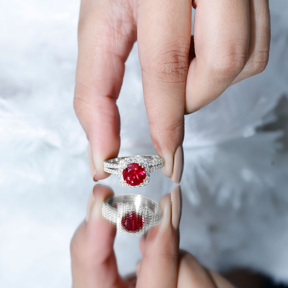 Lab Created Ruby and Moissanite Halo Wedding Ring Set for Bride AAAA - Rosec Jewels