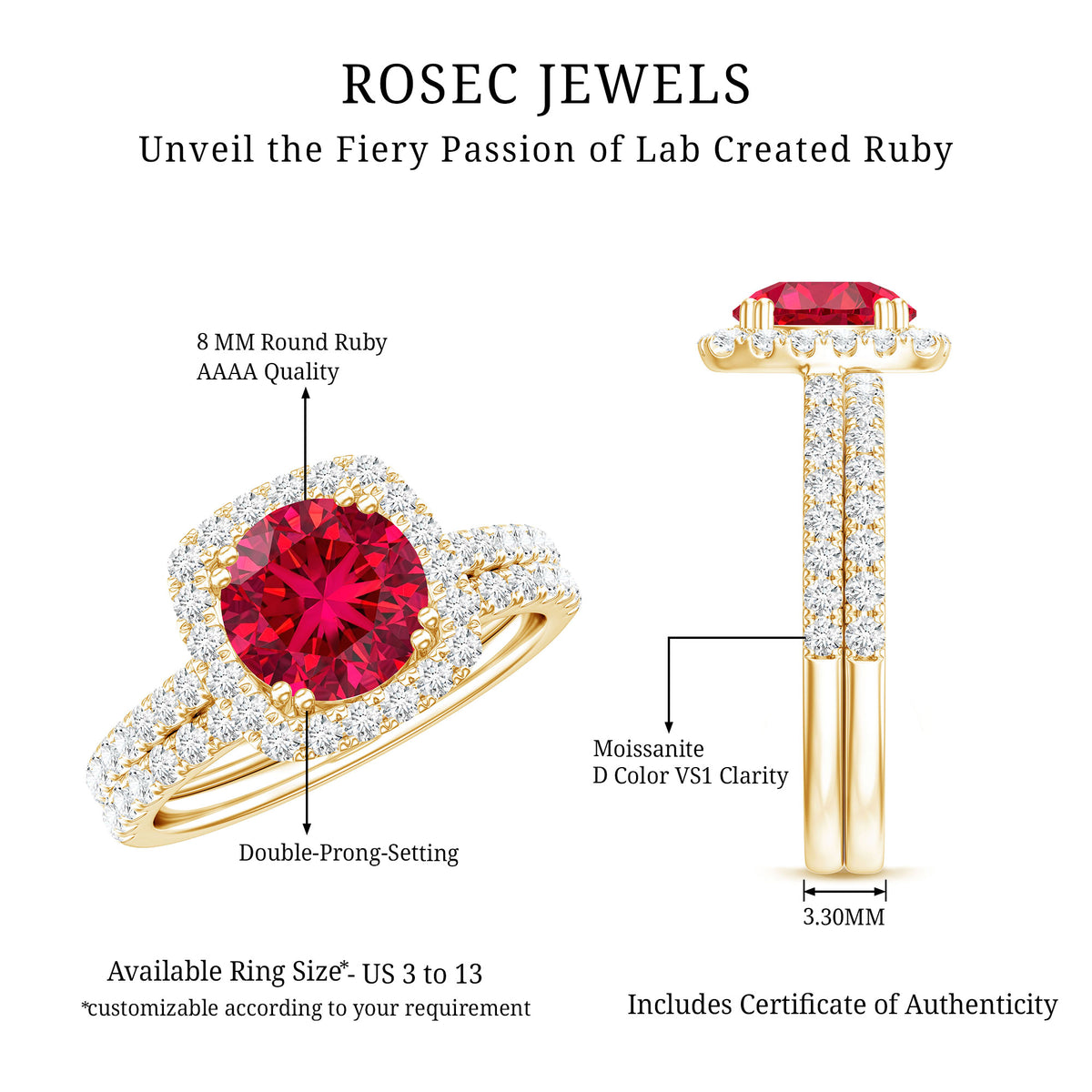 Lab Created Ruby and Moissanite Halo Wedding Ring Set for Bride AAAA - Rosec Jewels