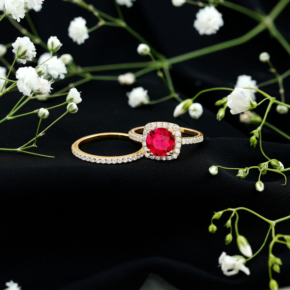 Lab Created Ruby and Moissanite Halo Wedding Ring Set for Bride AAAA - Rosec Jewels