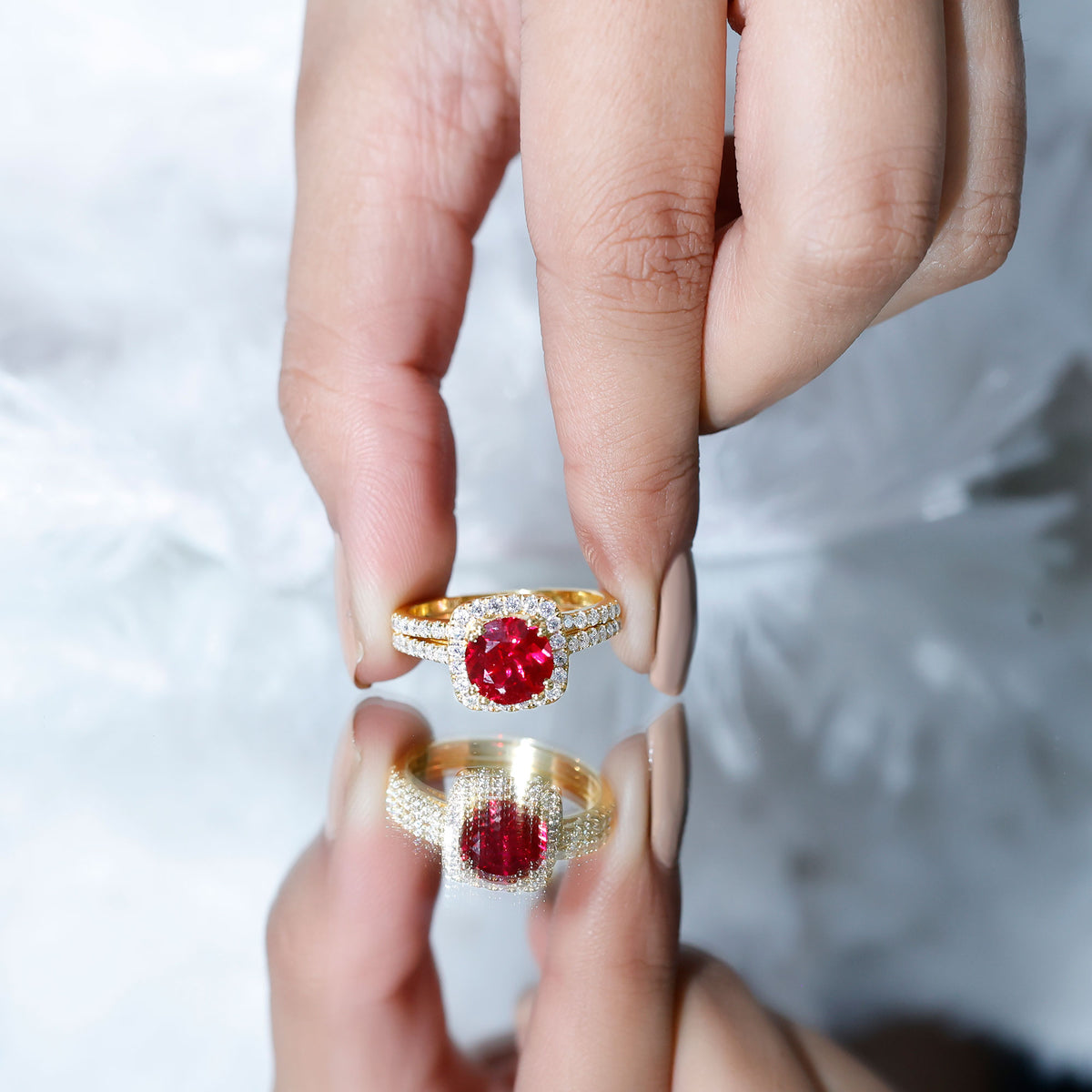Lab Created Ruby and Moissanite Halo Wedding Ring Set for Bride AAAA - Rosec Jewels