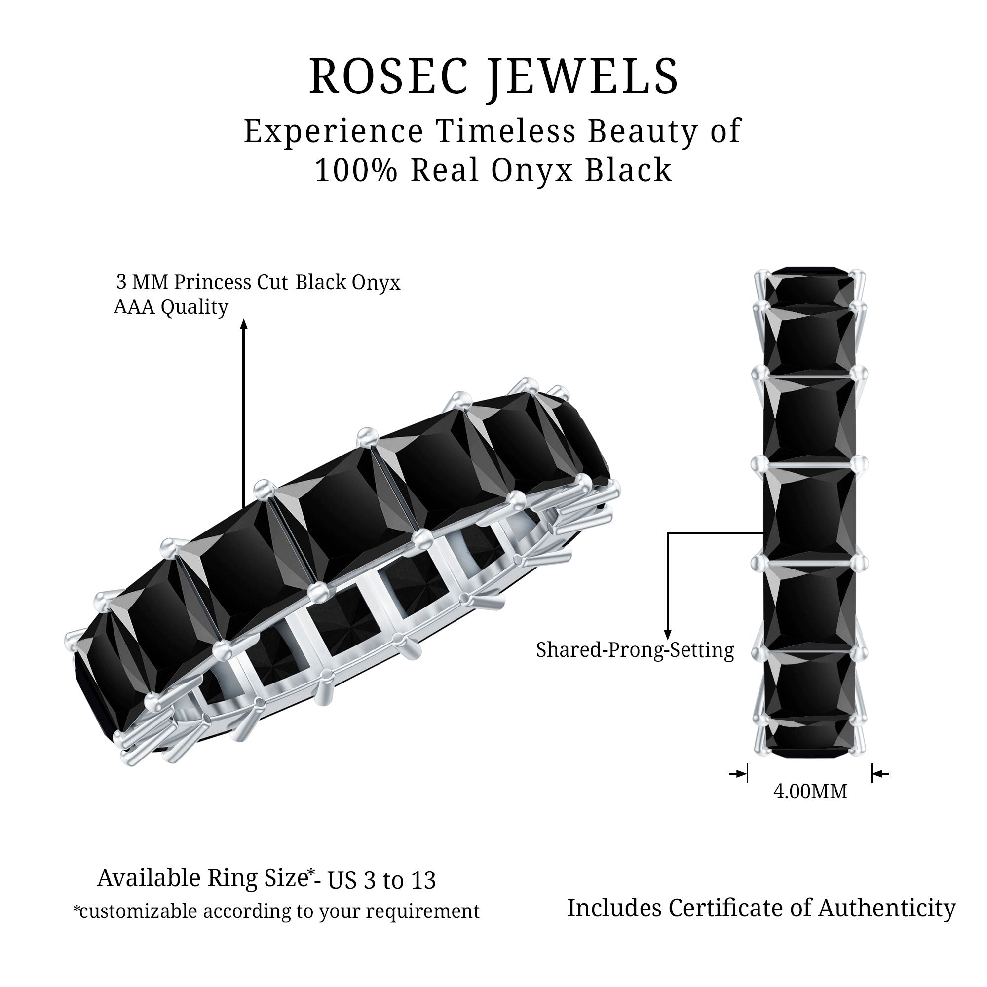 Princess Cut Black Onyx Wedding Band in Shared Prong Setting AAA - Rosec Jewels
