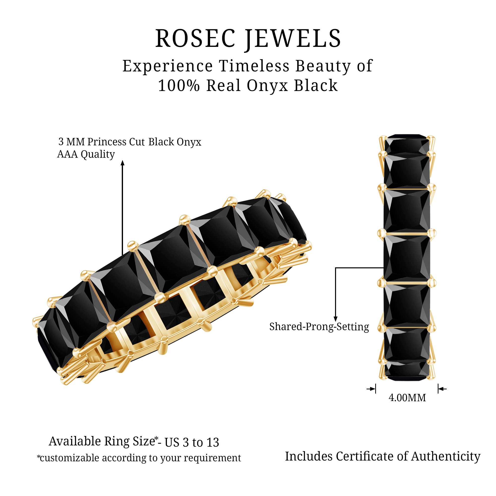 Princess Cut Black Onyx Wedding Band in Shared Prong Setting AAA - Rosec Jewels
