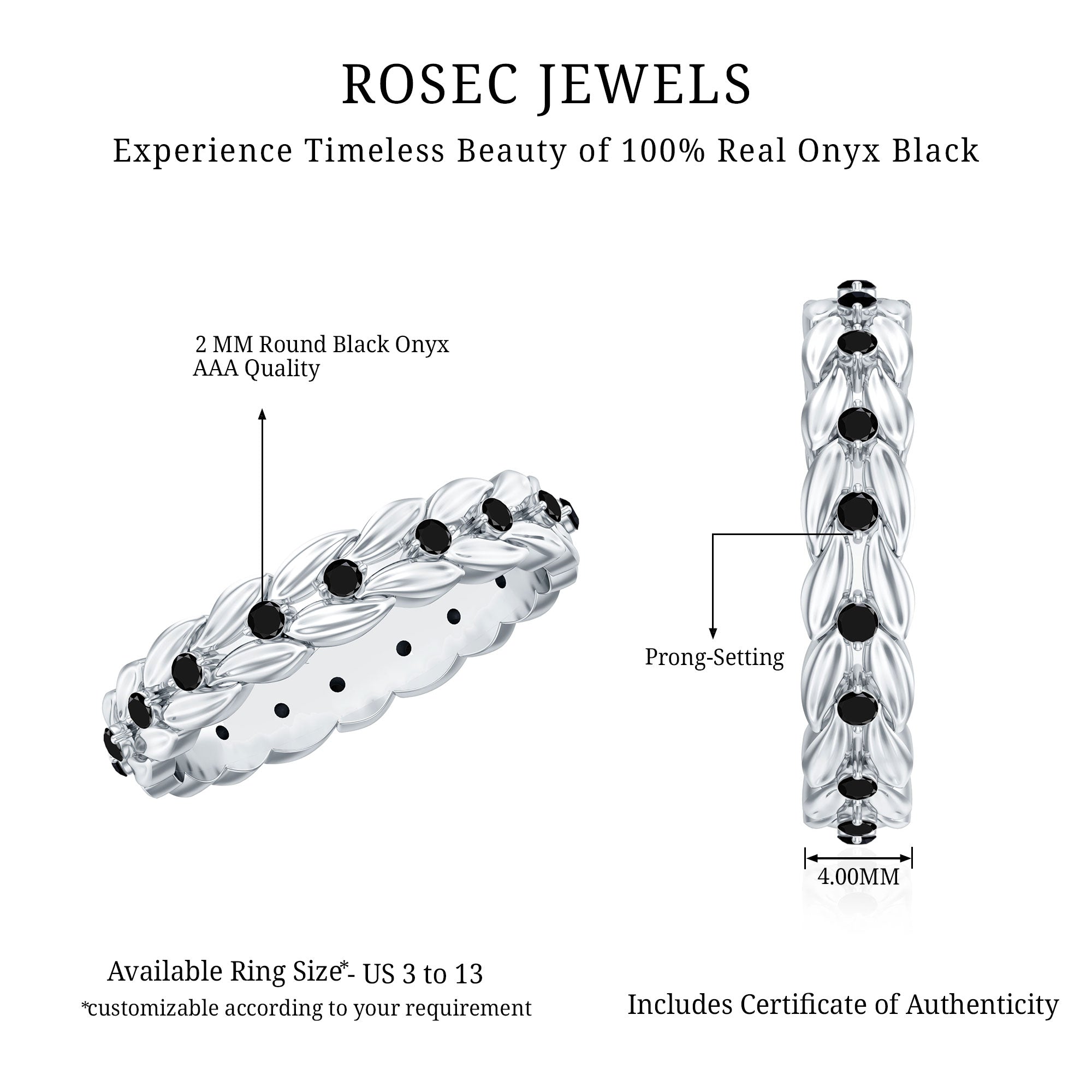 Nature Inspired Black Onyx Leaf Wedding Band for Women AAA - Rosec Jewels