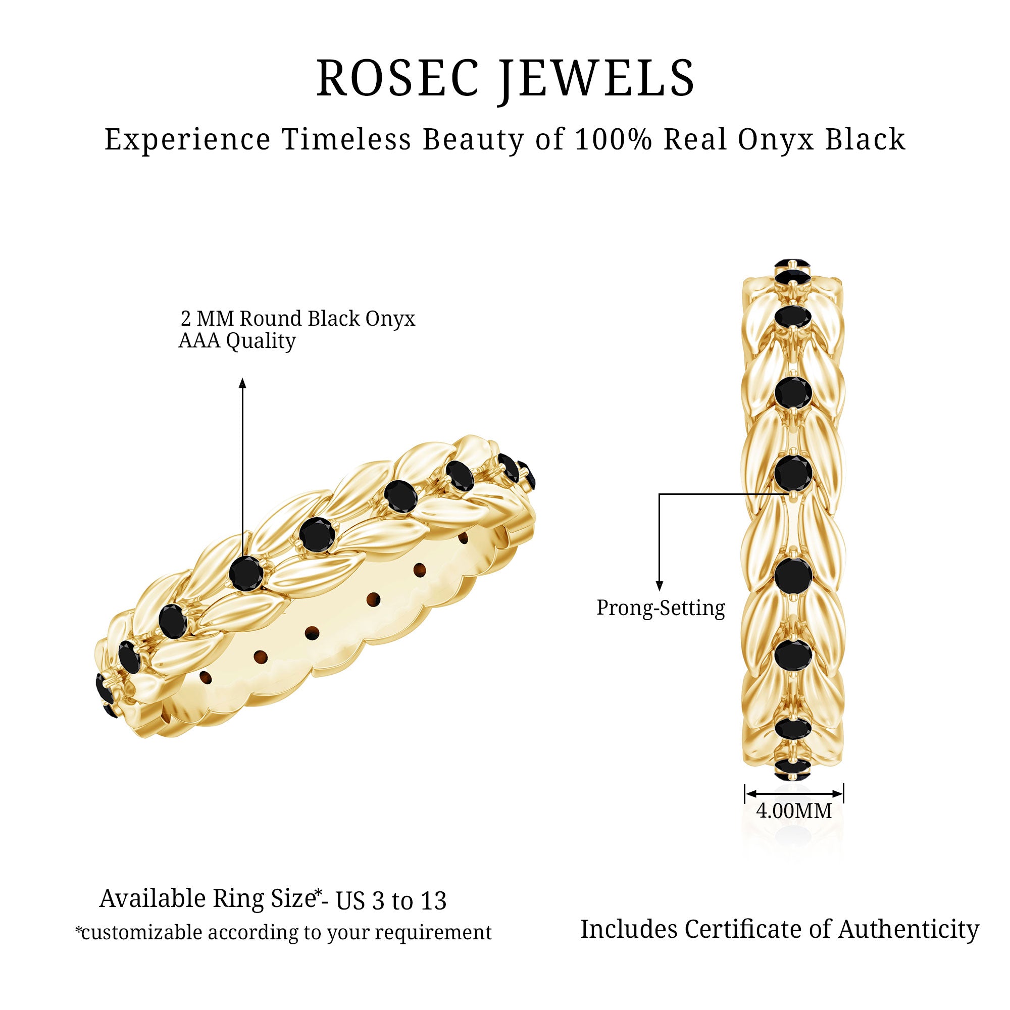 Nature Inspired Black Onyx Leaf Wedding Band for Women AAA - Rosec Jewels