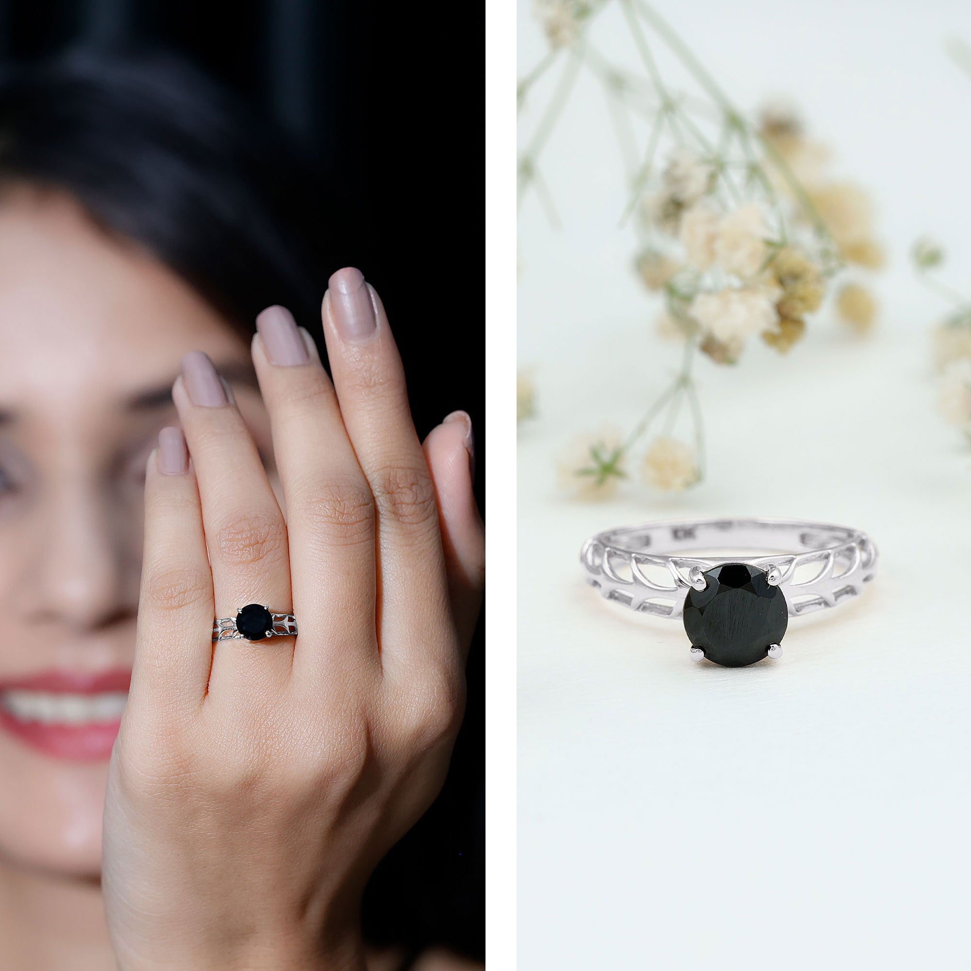 Round Cut Solitaire Black Onyx Engagement Ring with Certificate AAA - Rosec Jewels
