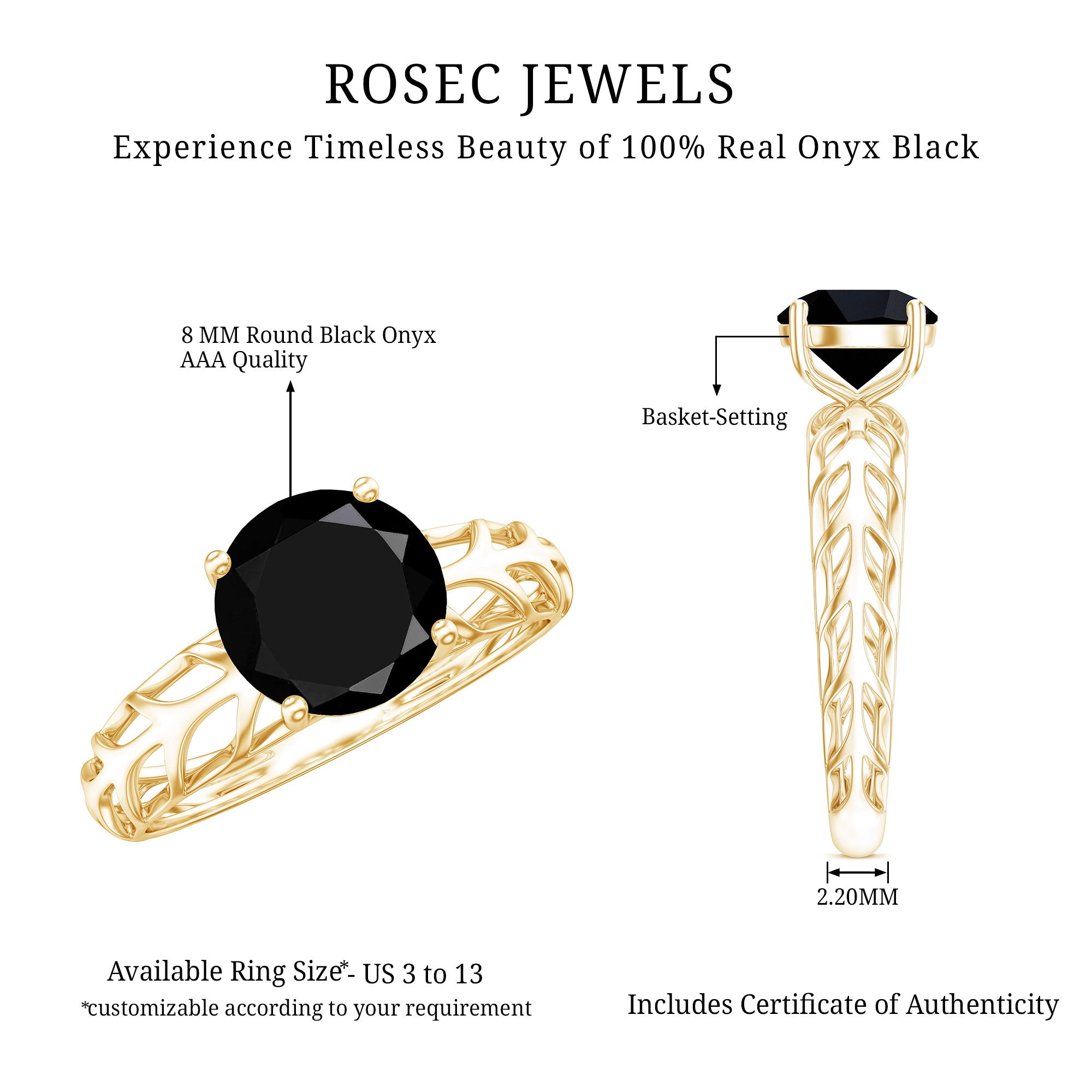 Round Cut Solitaire Black Onyx Engagement Ring with Certificate AAA - Rosec Jewels