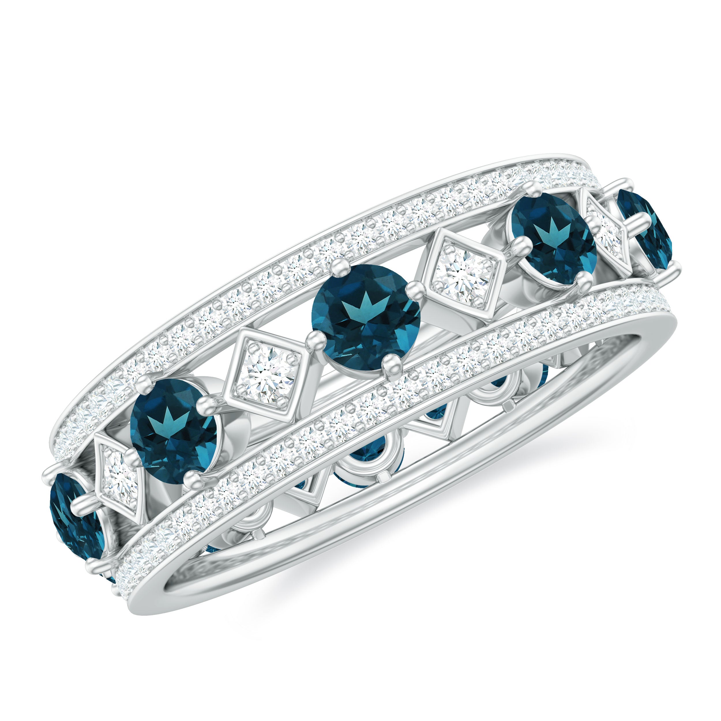 London Blue Topaz Vintage Inspired Eternity Band with Diamond AAA - Rosec Jewels