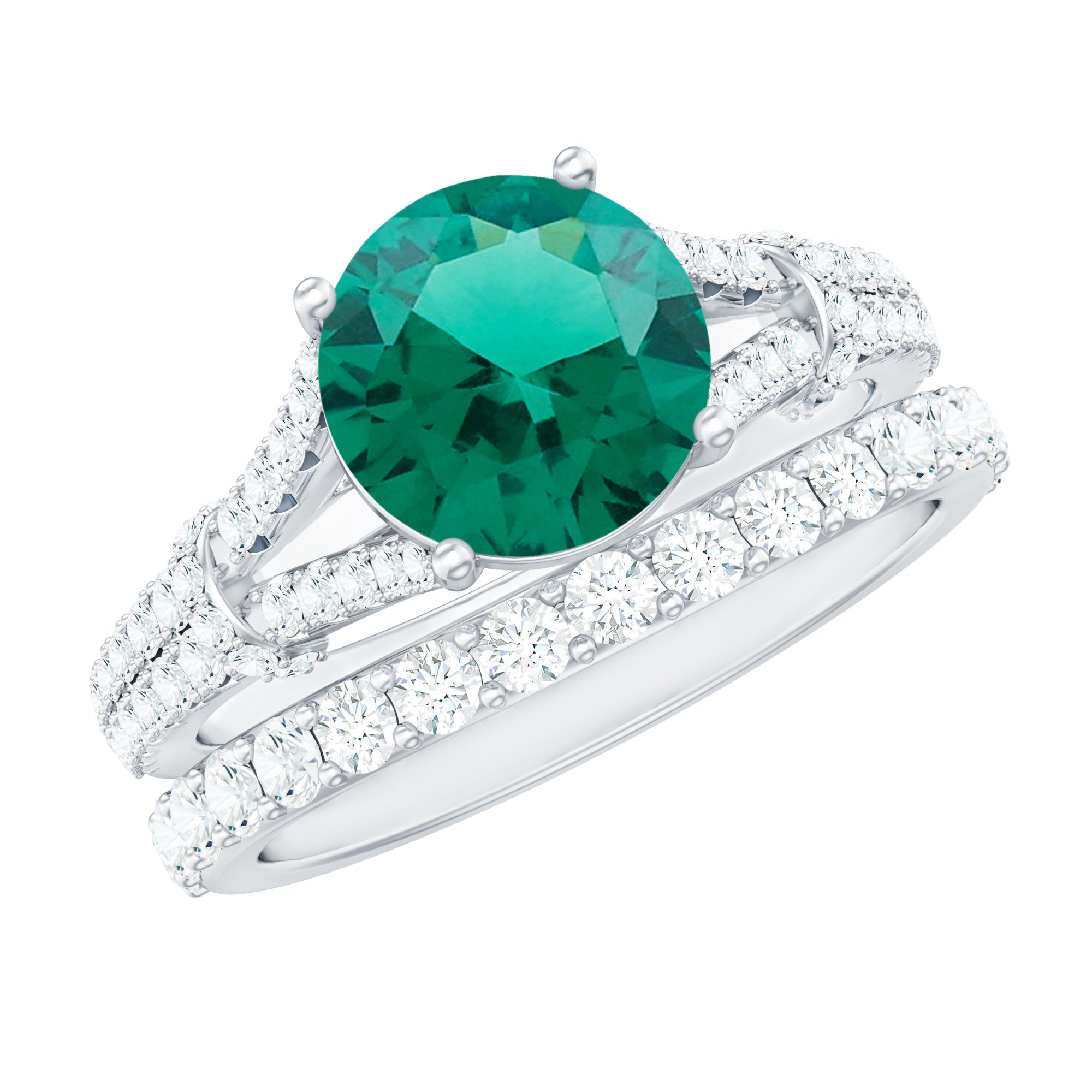 Designer Lab Grown Emerald Engagement Ring with Wedding Band