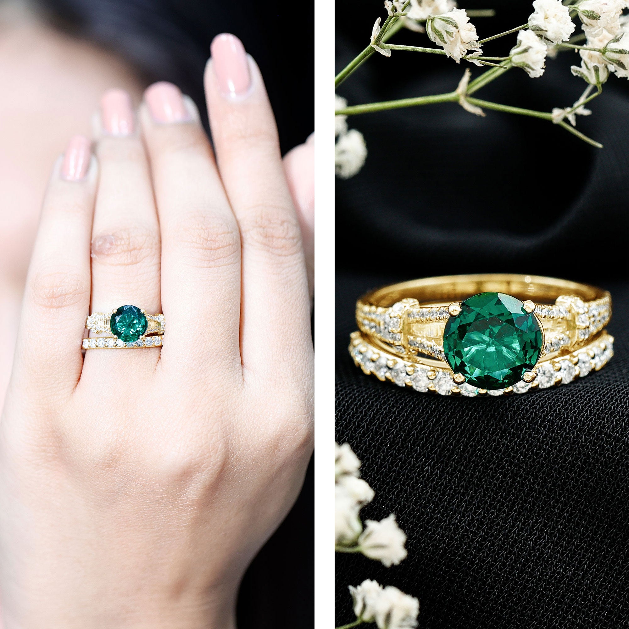 Rosec Jewels-Designer Lab Grown Emerald Engagement Ring with Wedding Band