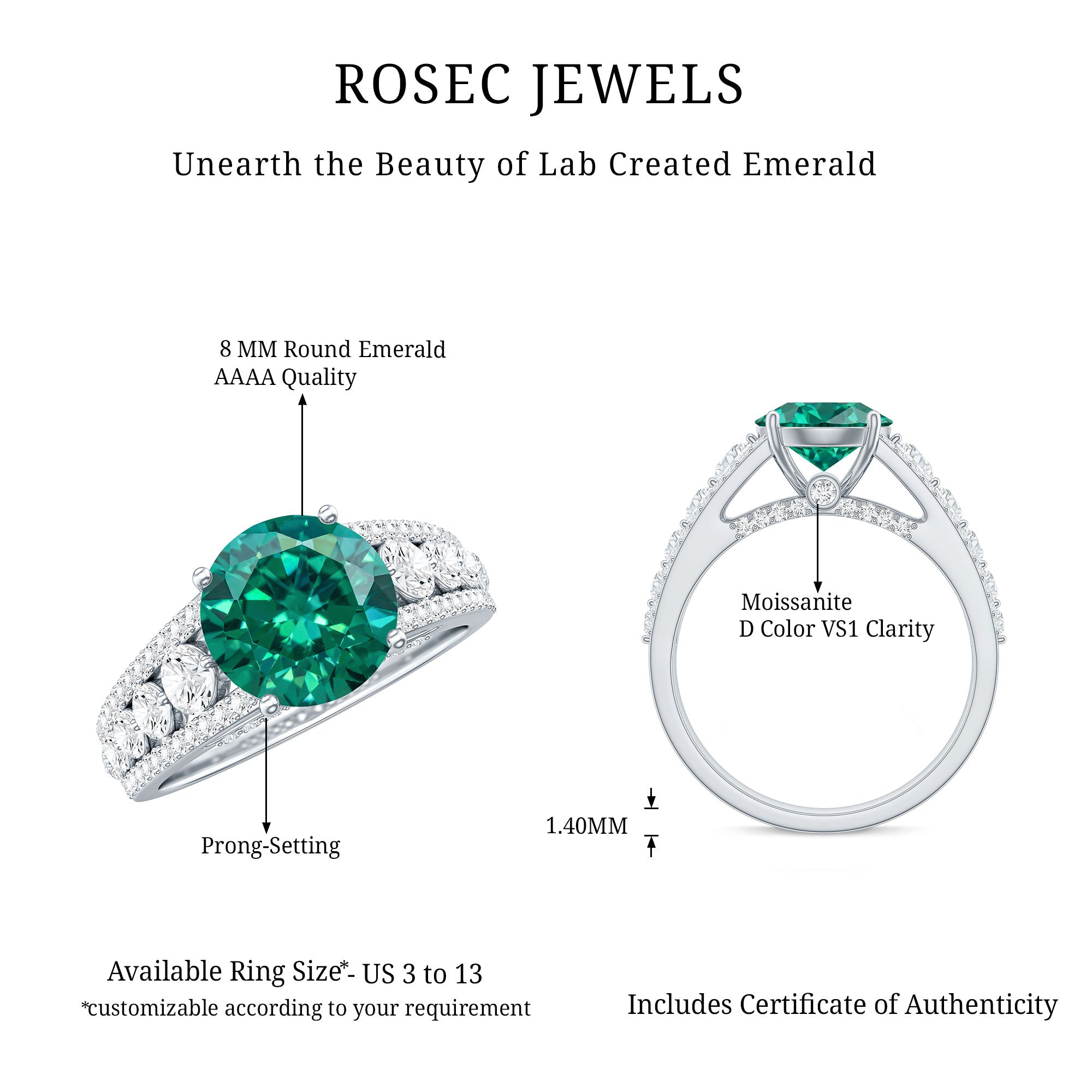 Certified 8 mm Lab Grown Emerald Statement Engagement Ring with Side Stones AAAA - Rosec Jewels