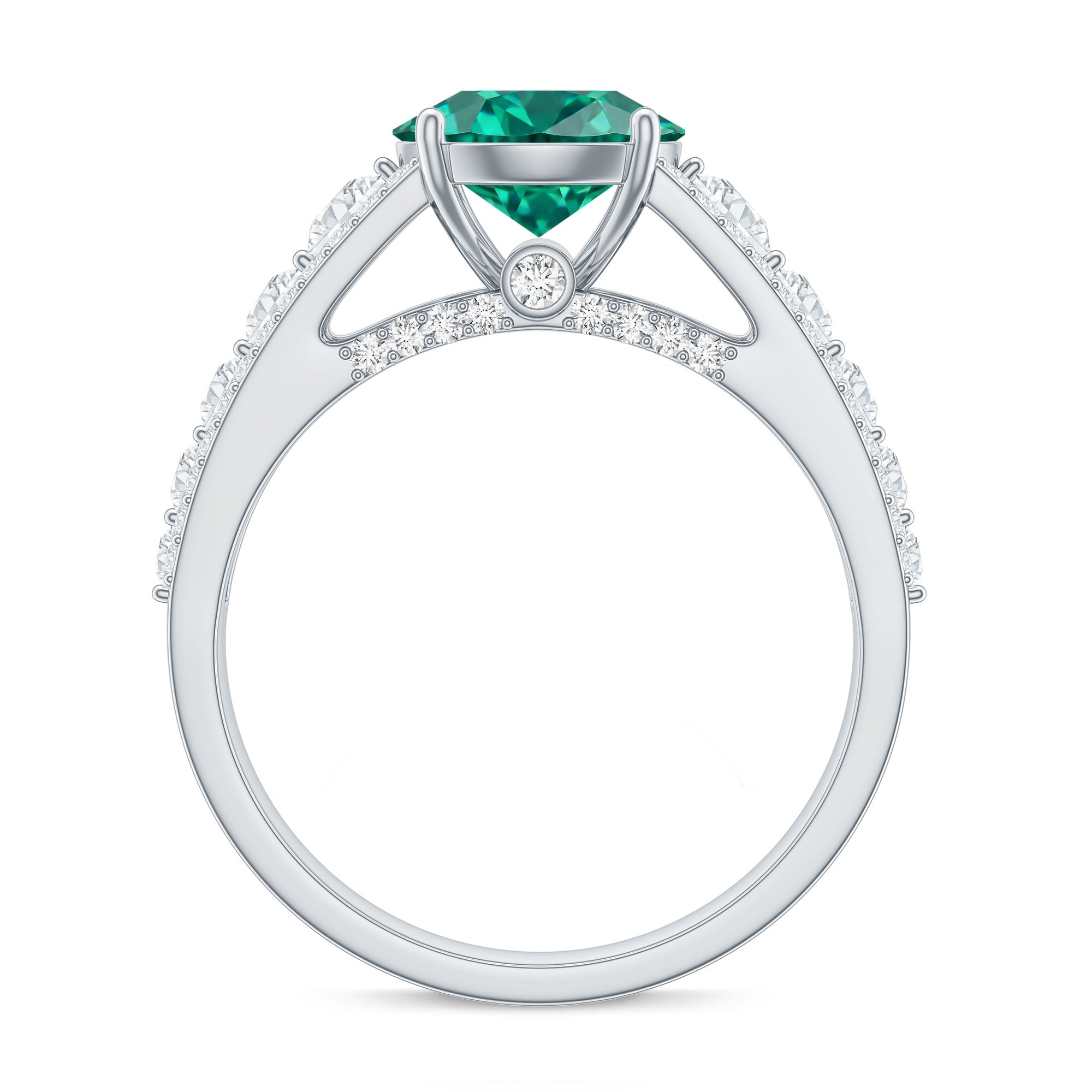 Certified 8 mm Lab Grown Emerald Statement Engagement Ring with Side Stones AAAA - Rosec Jewels