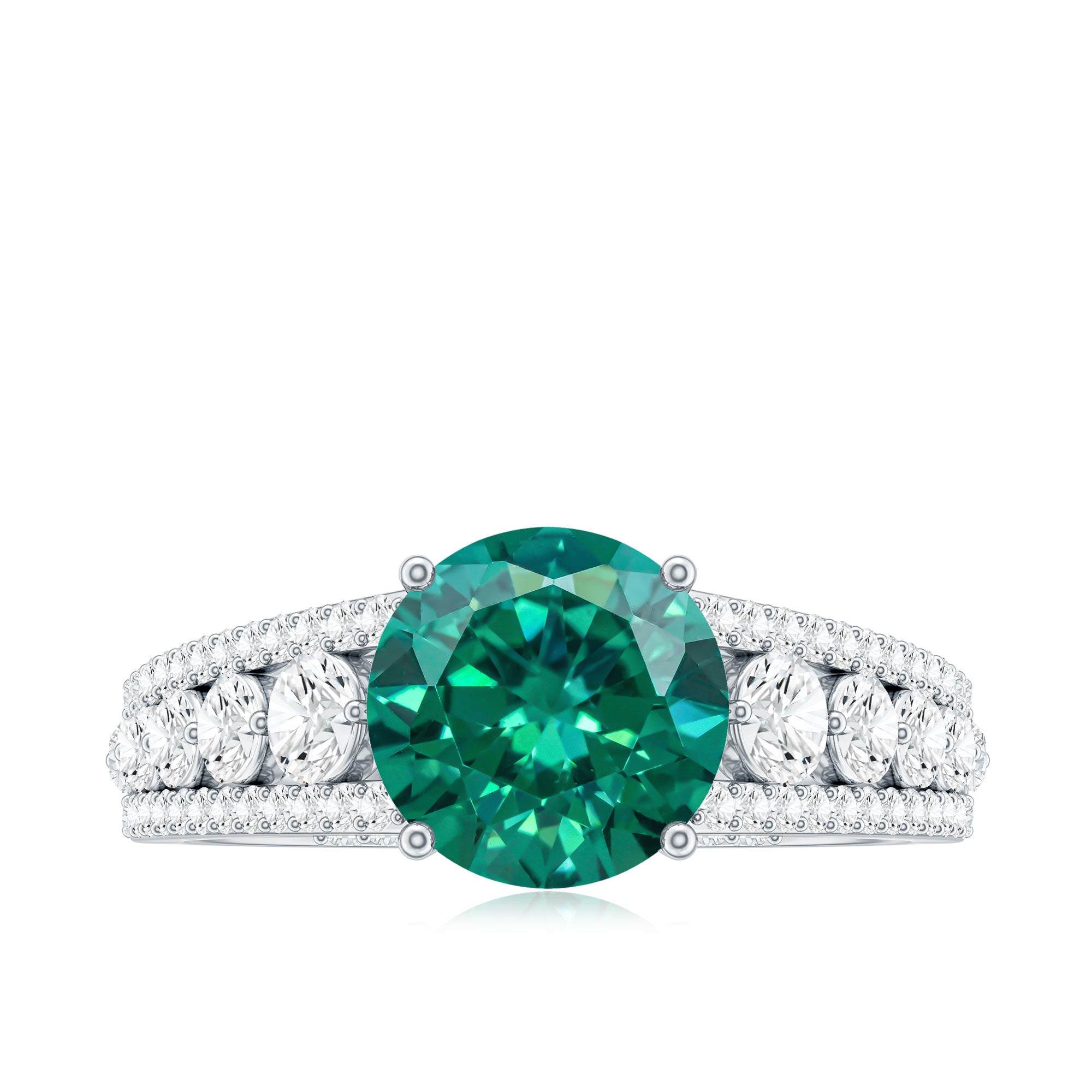 Certified 8 mm Lab Grown Emerald Statement Engagement Ring with Side Stones AAAA - Rosec Jewels