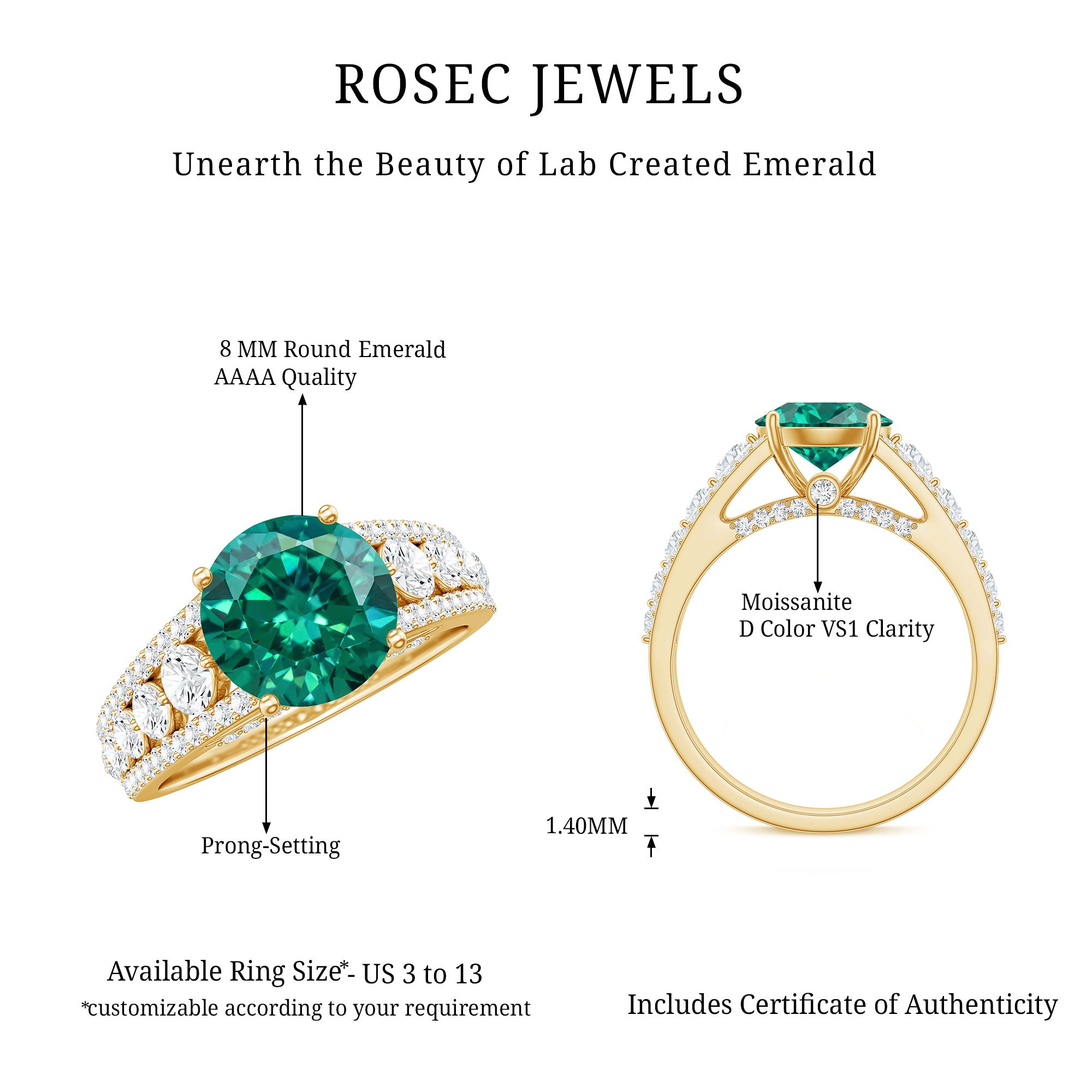 Certified 8 mm Lab Grown Emerald Statement Engagement Ring with Side Stones AAAA - Rosec Jewels