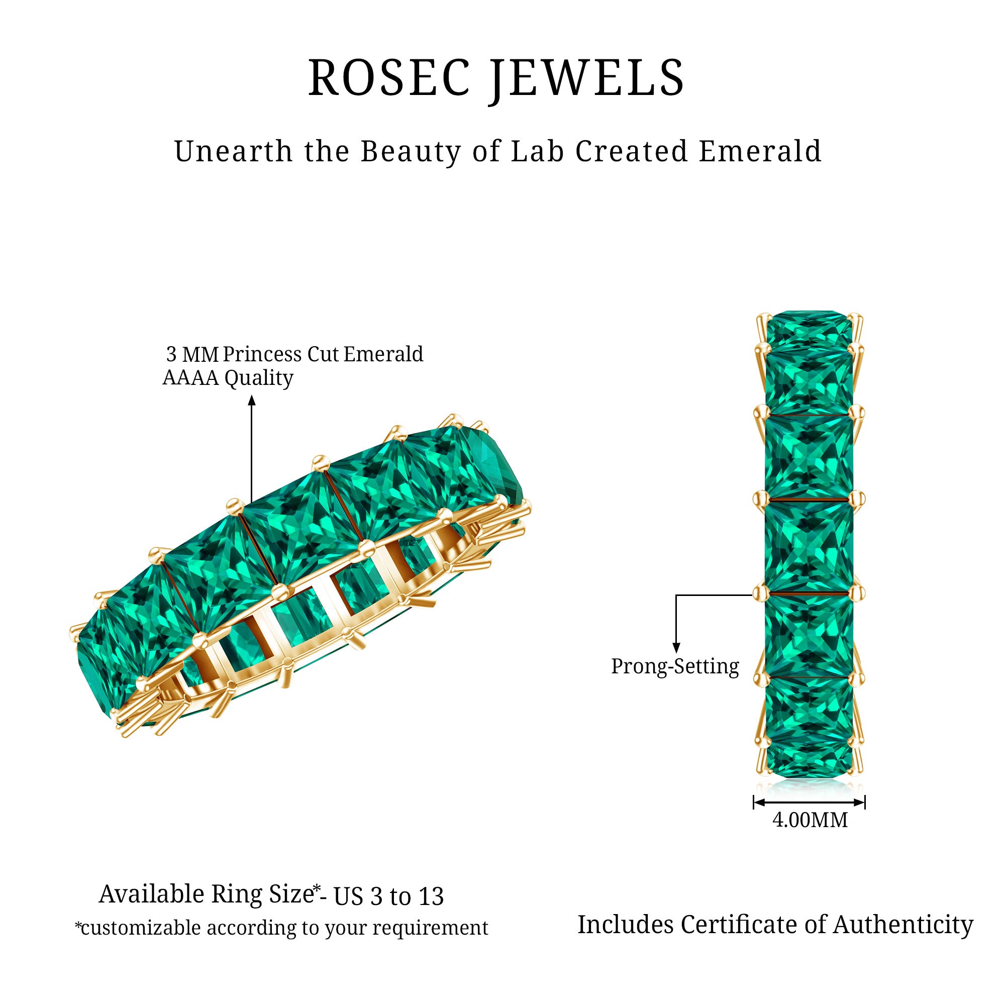 Princess Cut Lab Created Emerald Full Eternity Band AAAA - Rosec Jewels