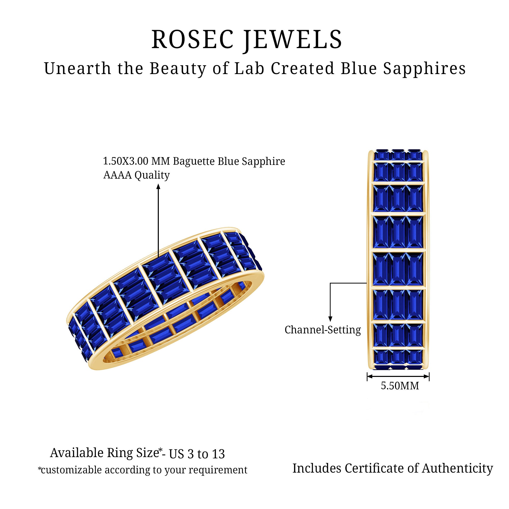 Channel Set Lab Grown Blue Sapphire Wide Eternity Band Ring AAAA - Rosec Jewels