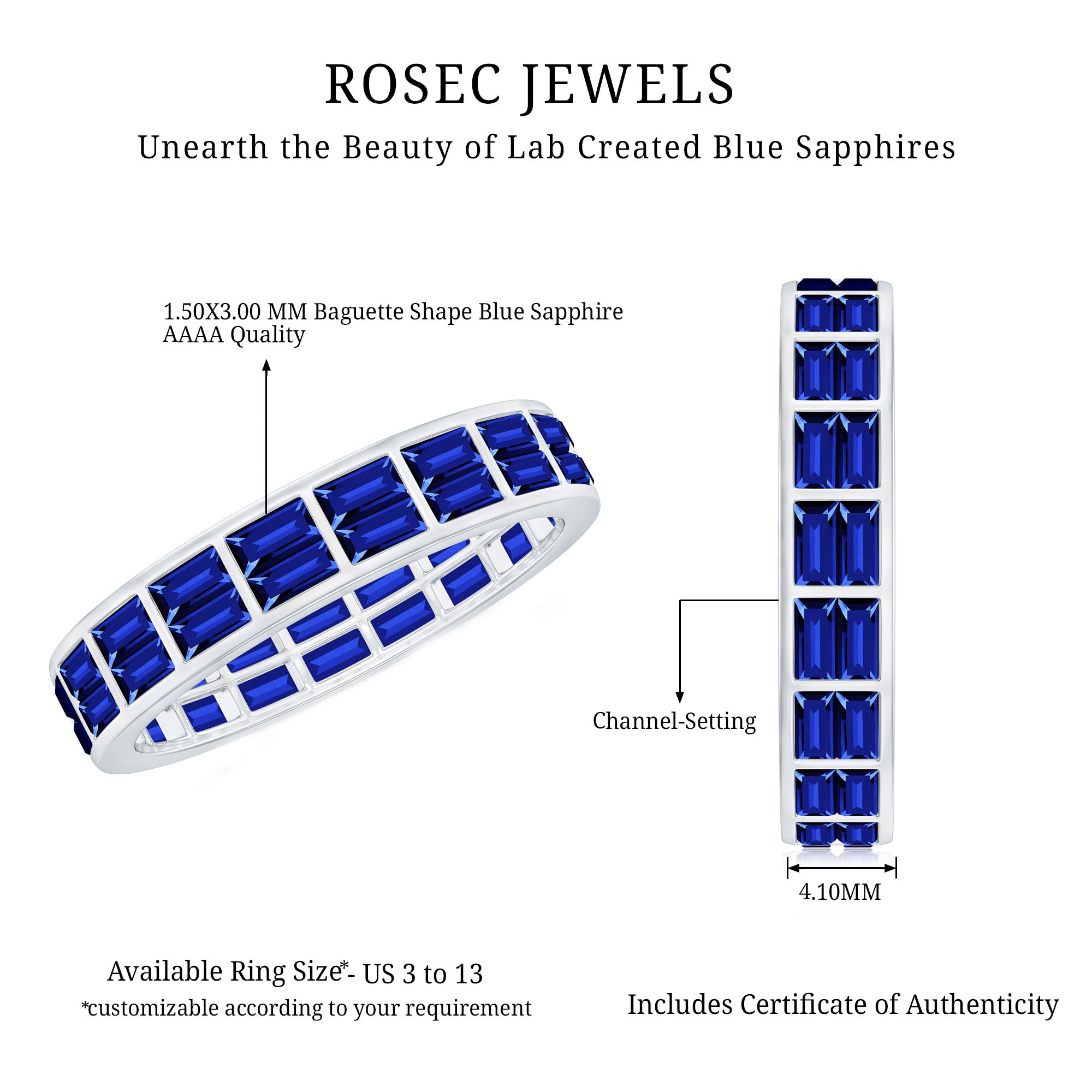 Certified Lab Grown Blue Sapphire Baguette Eternity Band in Channel Set AAAA - Rosec Jewels