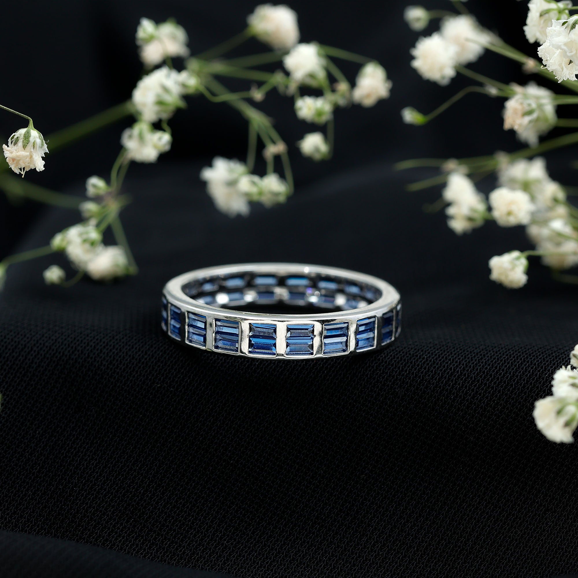 Certified Lab Grown Blue Sapphire Baguette Eternity Band in Channel Set AAAA - Rosec Jewels