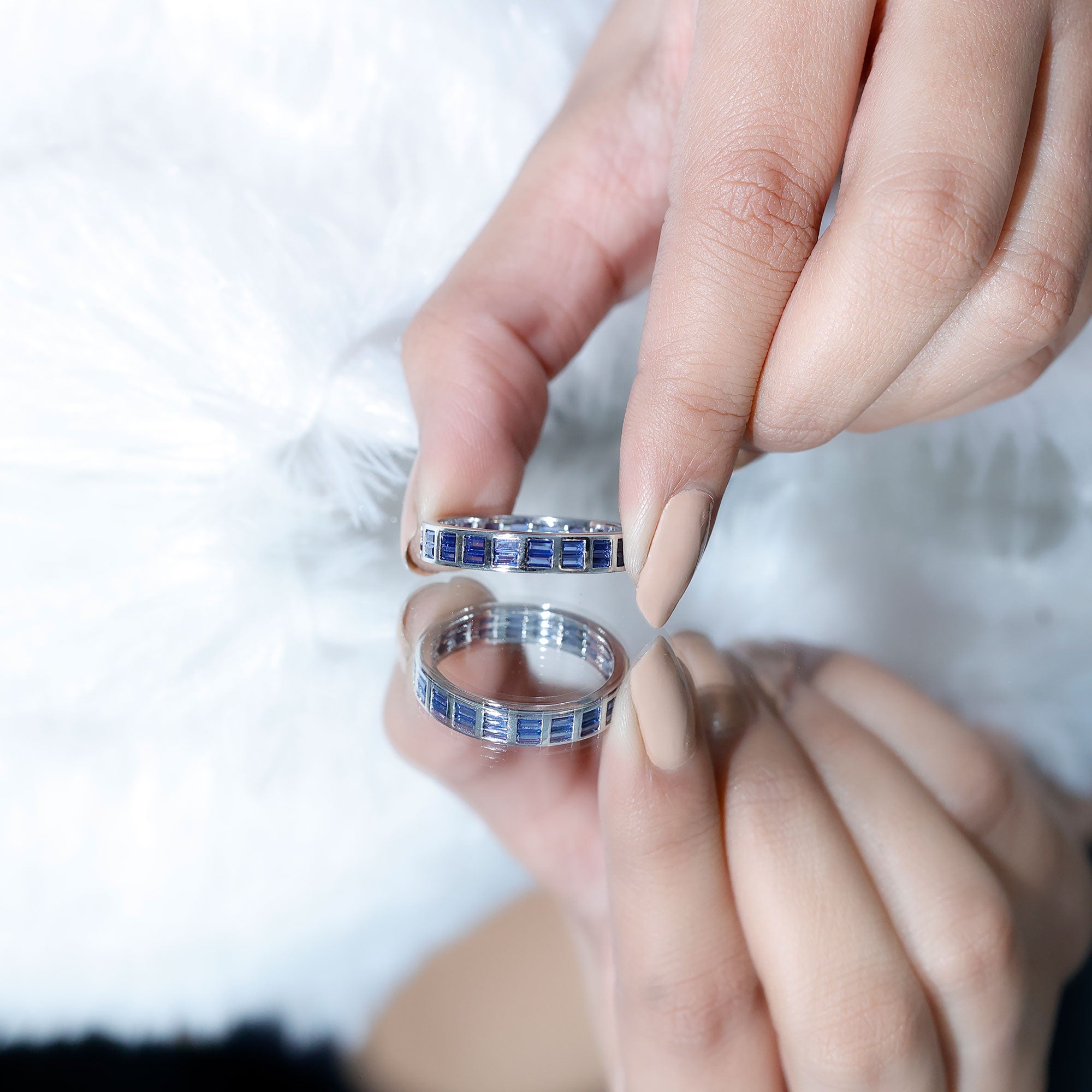 Certified Lab Grown Blue Sapphire Baguette Eternity Band in Channel Set AAAA - Rosec Jewels