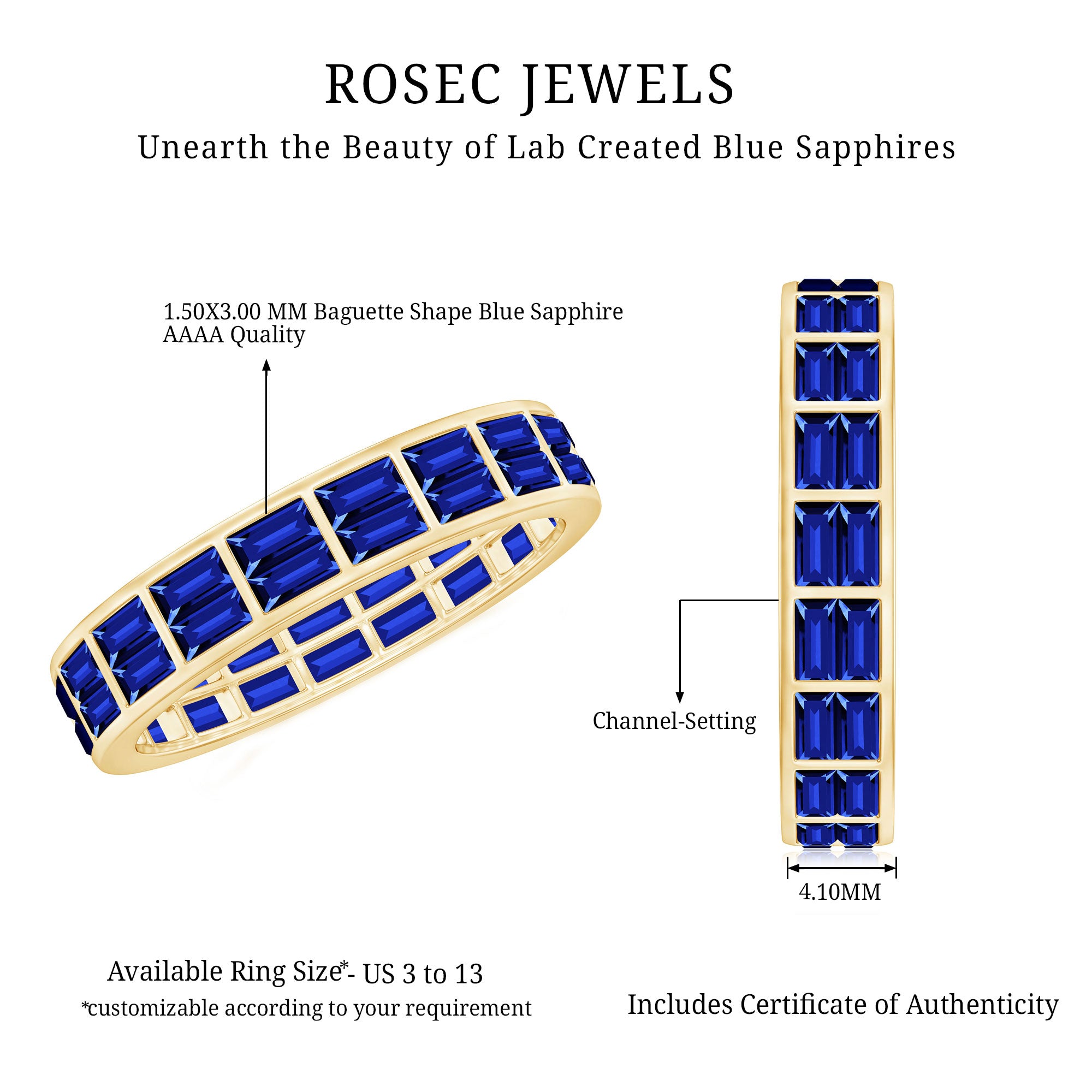 Certified Lab Grown Blue Sapphire Baguette Eternity Band in Channel Set AAAA - Rosec Jewels