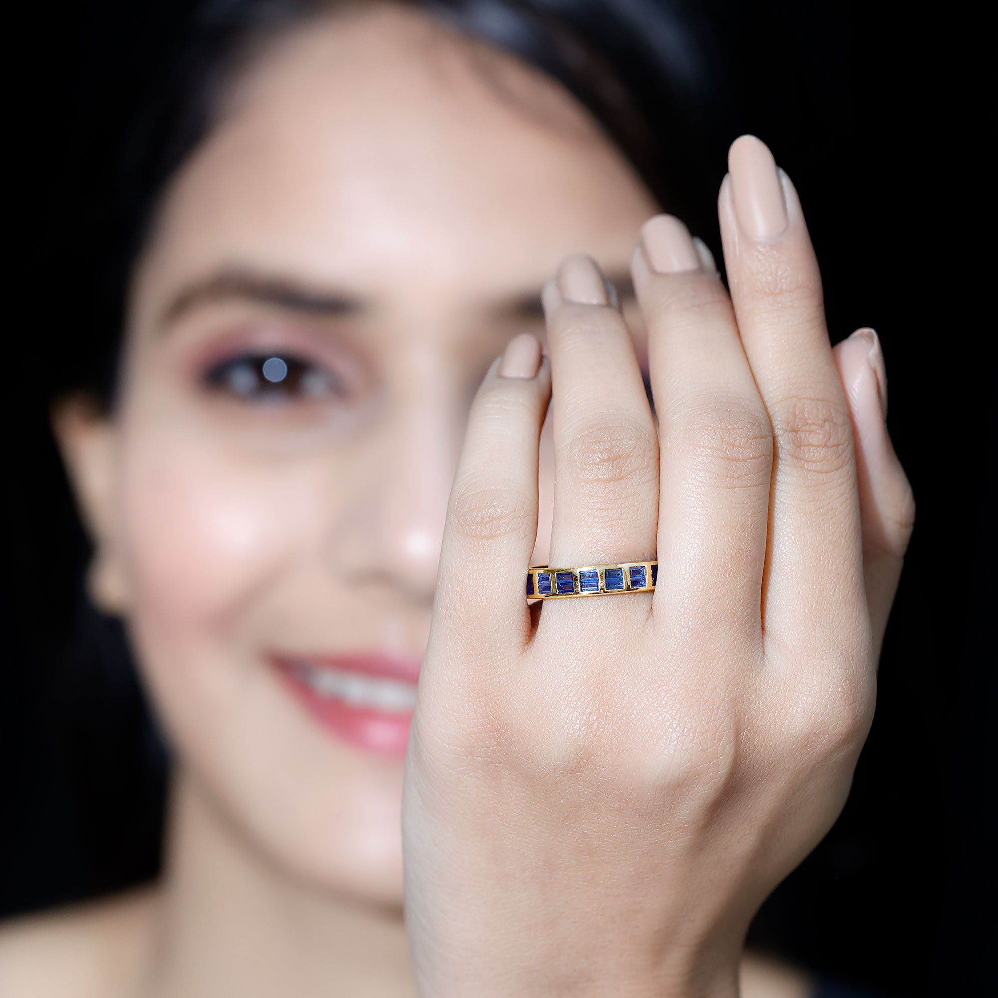 Certified Lab Grown Blue Sapphire Baguette Eternity Band in Channel Set AAAA - Rosec Jewels