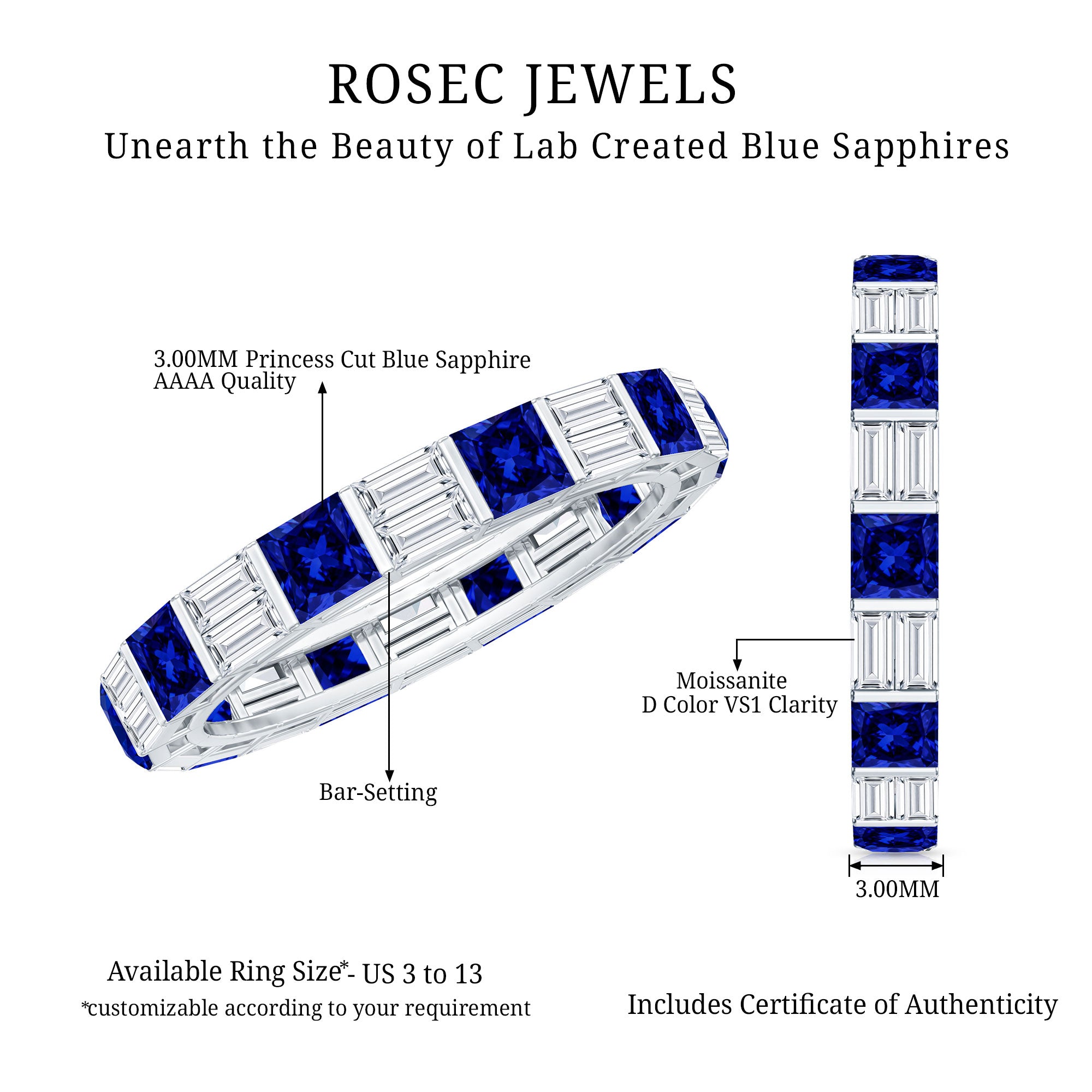 Certified Lab Grown Blue Sapphire Eternity Band Ring with Moissanite AAAA - Rosec Jewels