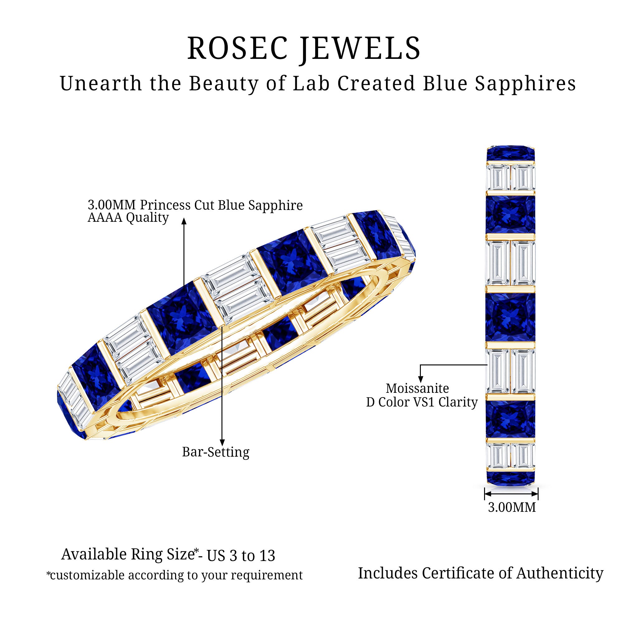 Certified Lab Grown Blue Sapphire Eternity Band Ring with Moissanite AAAA - Rosec Jewels