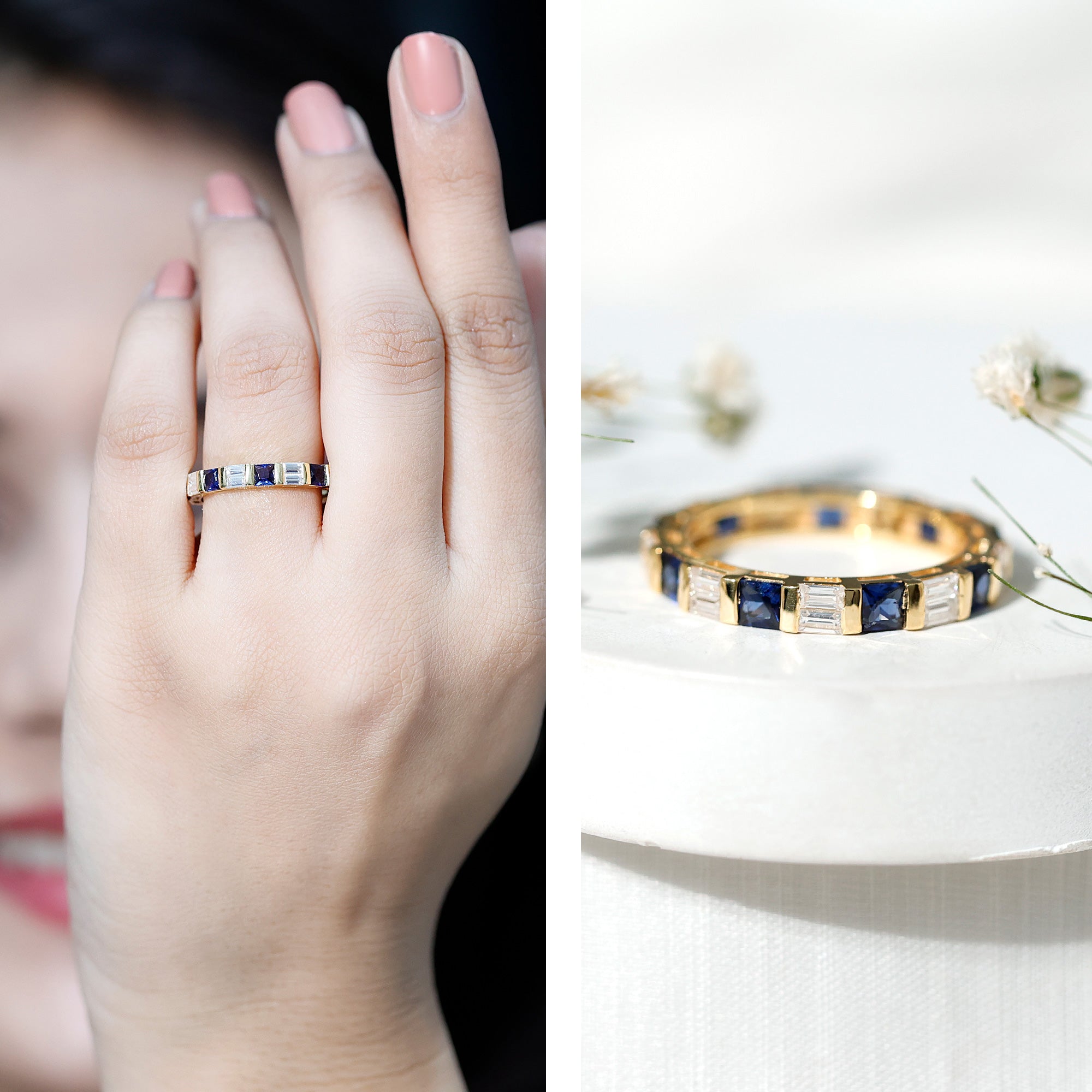 Certified Lab Grown Blue Sapphire Eternity Band Ring with Moissanite AAAA - Rosec Jewels