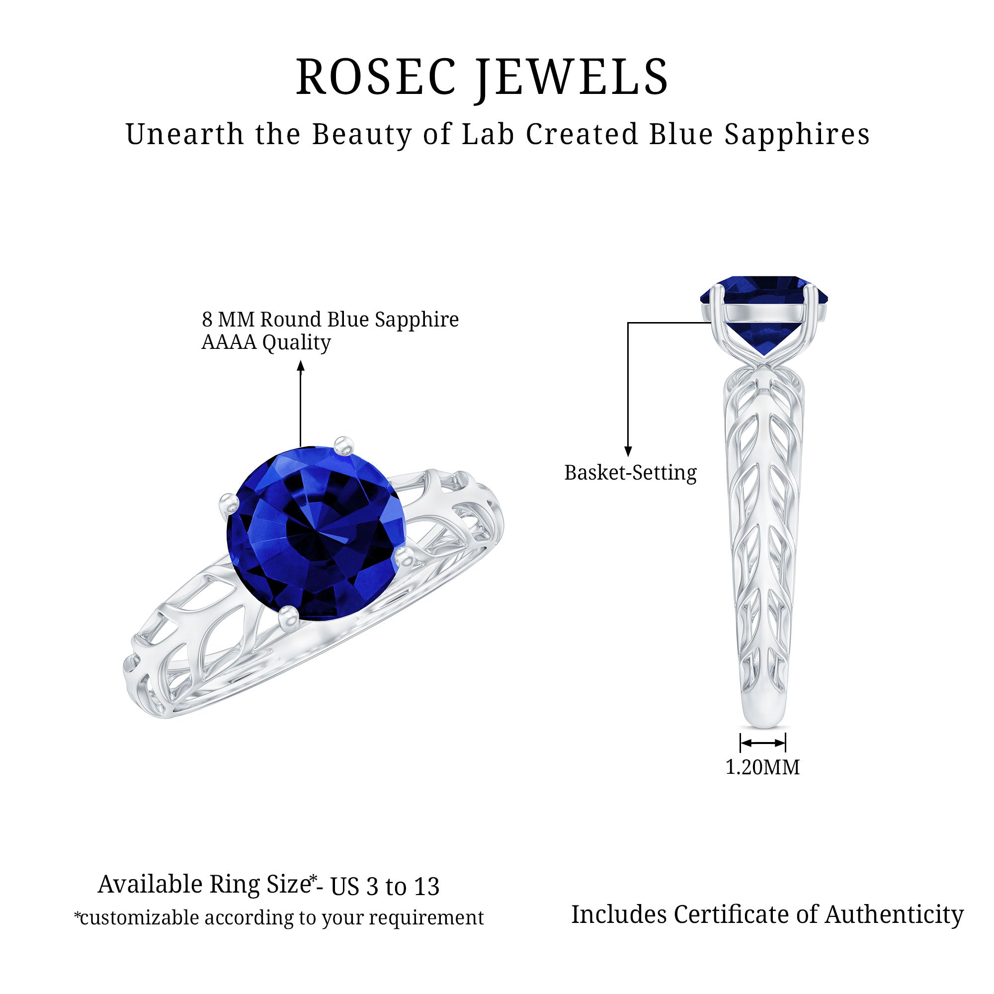 AAAA Quality Lab Created Blue Sapphire Solitaire Ring with Filigree Shank AAAA - Rosec Jewels
