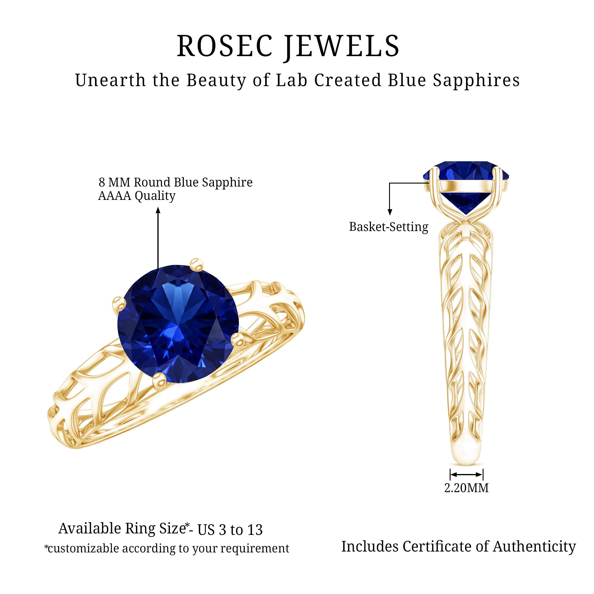 AAAA Quality Lab Created Blue Sapphire Solitaire Ring with Filigree Shank AAAA - Rosec Jewels