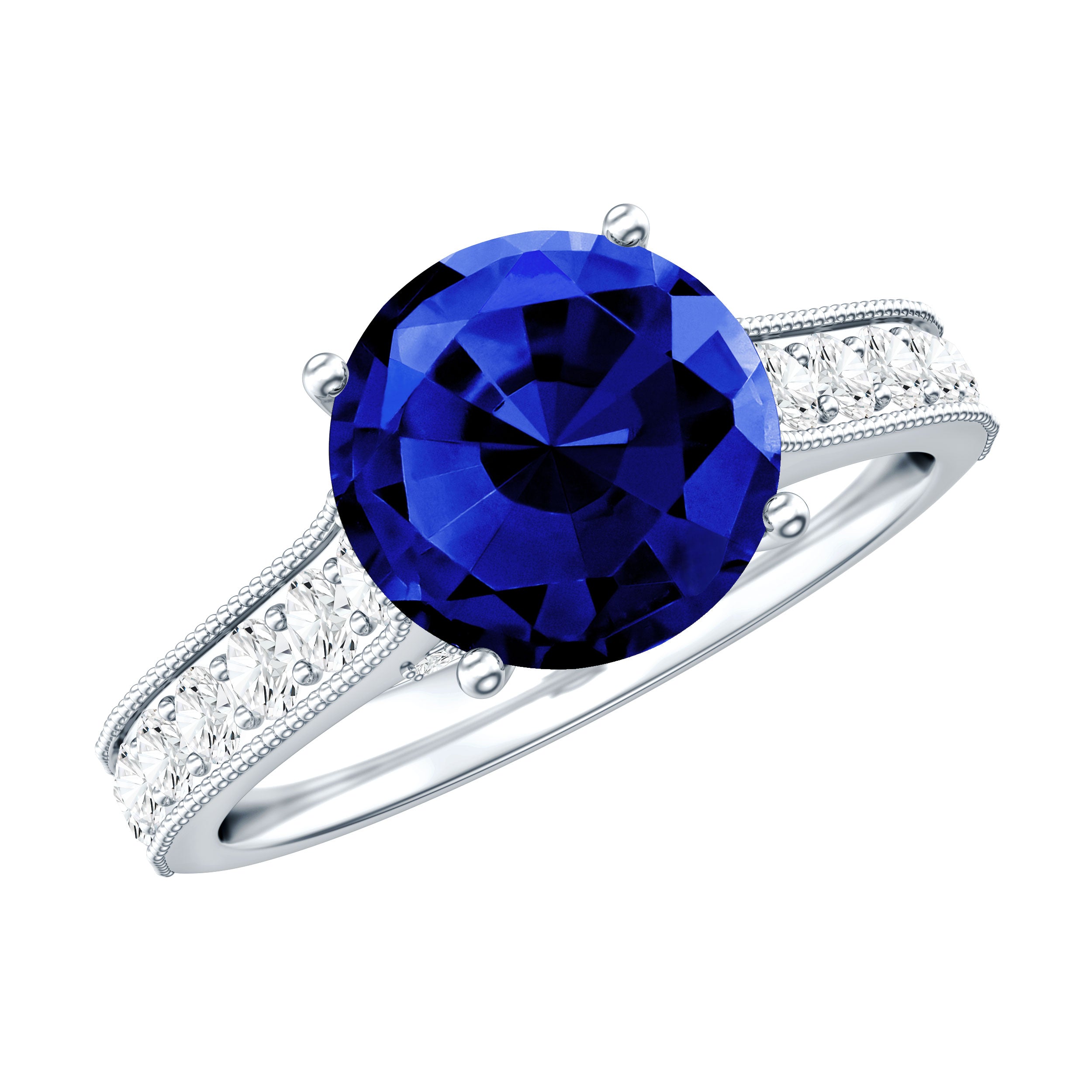 Certified 2.7 Carat Lab Grown Blue Sapphire Solitaire Engagement Ring with Diamond AAAA - Rosec Jewels