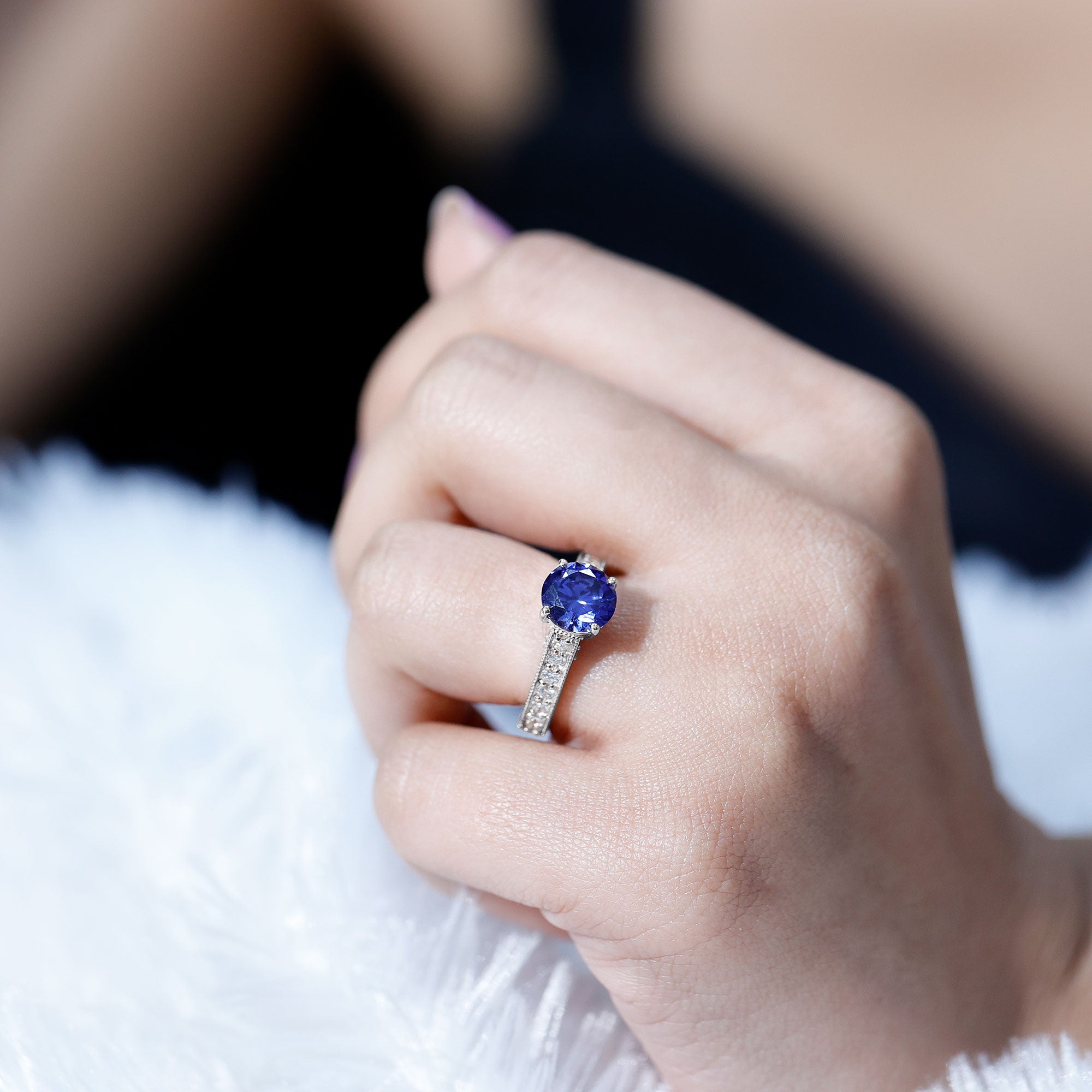 Certified 2.7 Carat Lab Grown Blue Sapphire Solitaire Engagement Ring with Diamond AAAA - Rosec Jewels