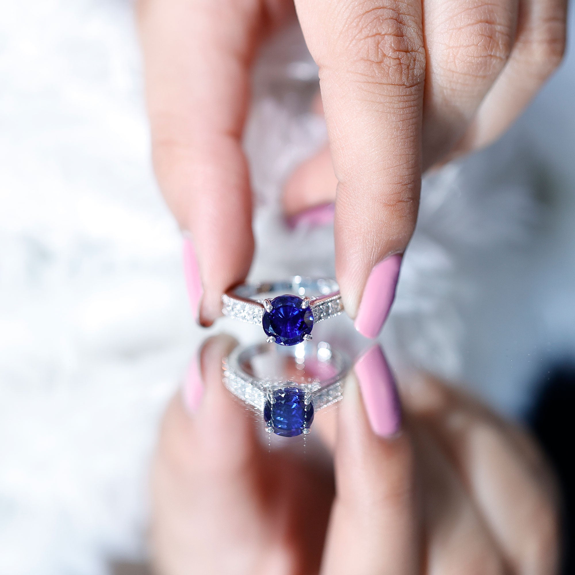 Certified 2.7 Carat Lab Grown Blue Sapphire Solitaire Engagement Ring with Diamond AAAA - Rosec Jewels