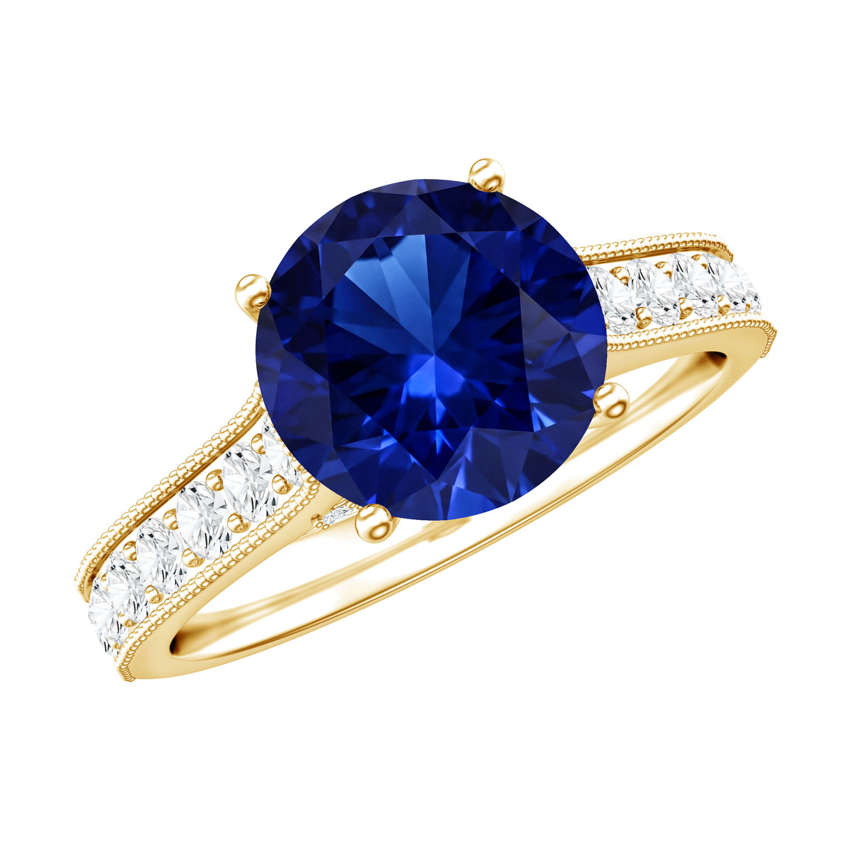 Certified 2.7 Carat Lab Grown Blue Sapphire Solitaire Engagement Ring with Diamond AAAA - Rosec Jewels