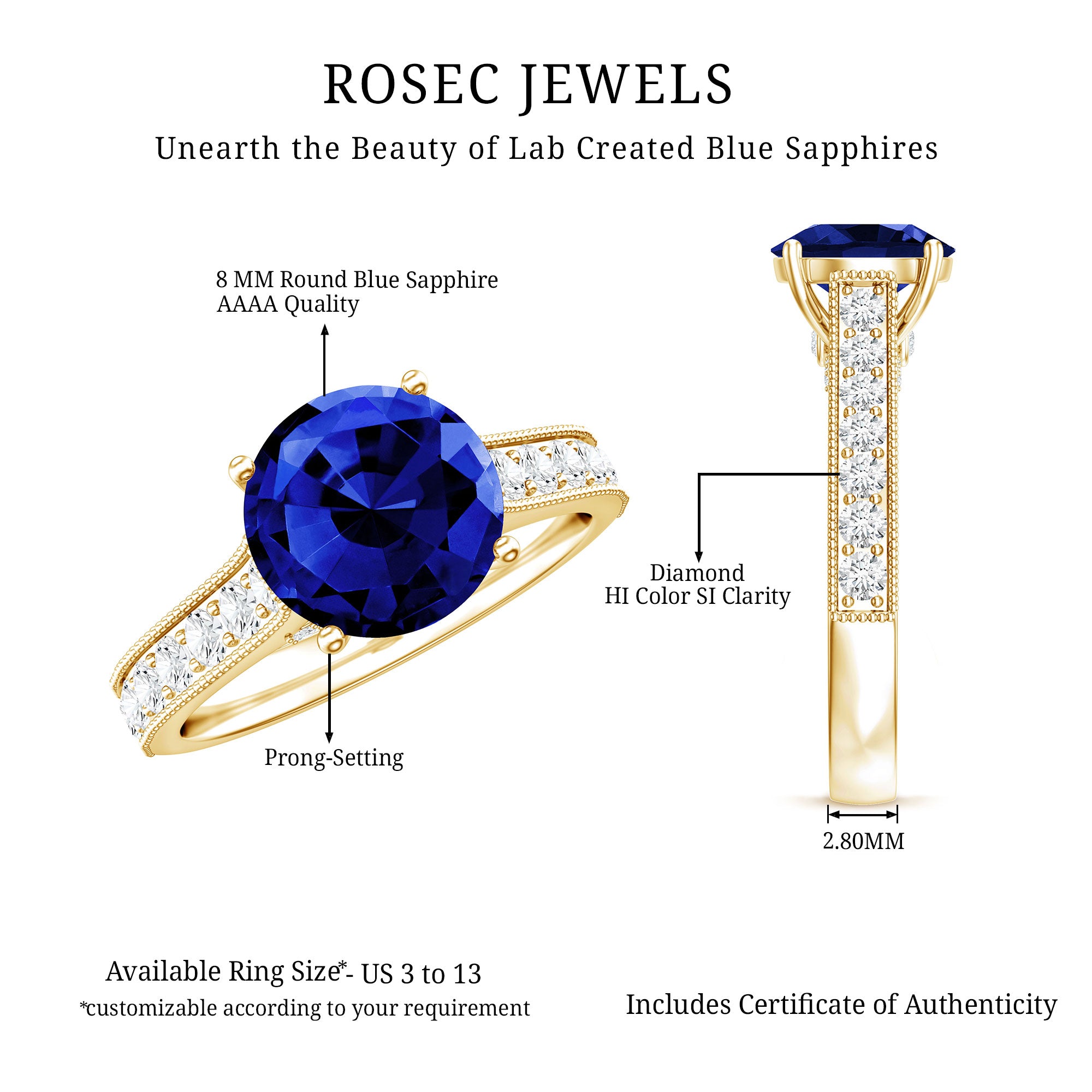 Certified 2.7 Carat Lab Grown Blue Sapphire Solitaire Engagement Ring with Diamond AAAA - Rosec Jewels