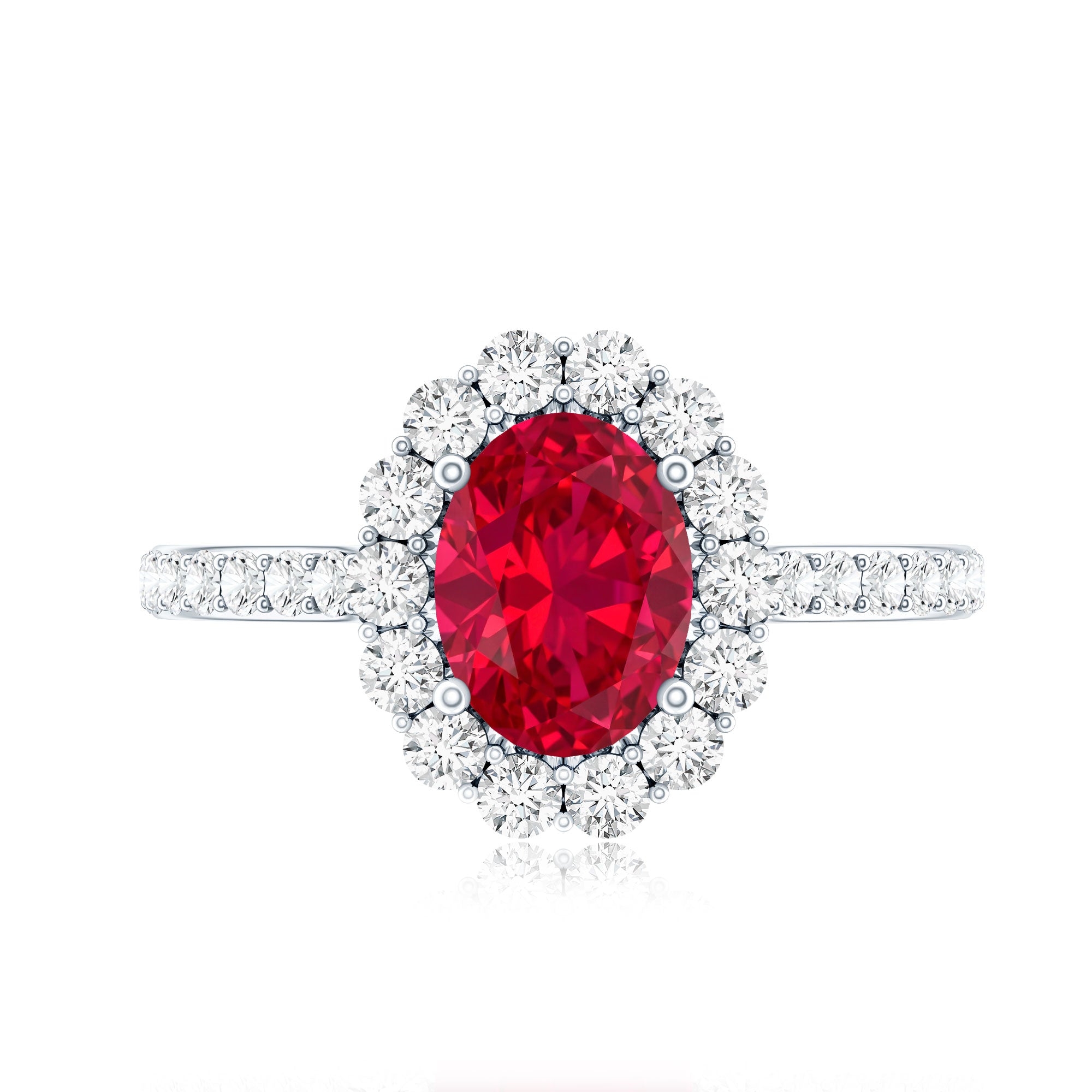 1.5 Carat Oval Cut Created Ruby Engagement Ring with Moissanite Halo AAAA - Rosec Jewels