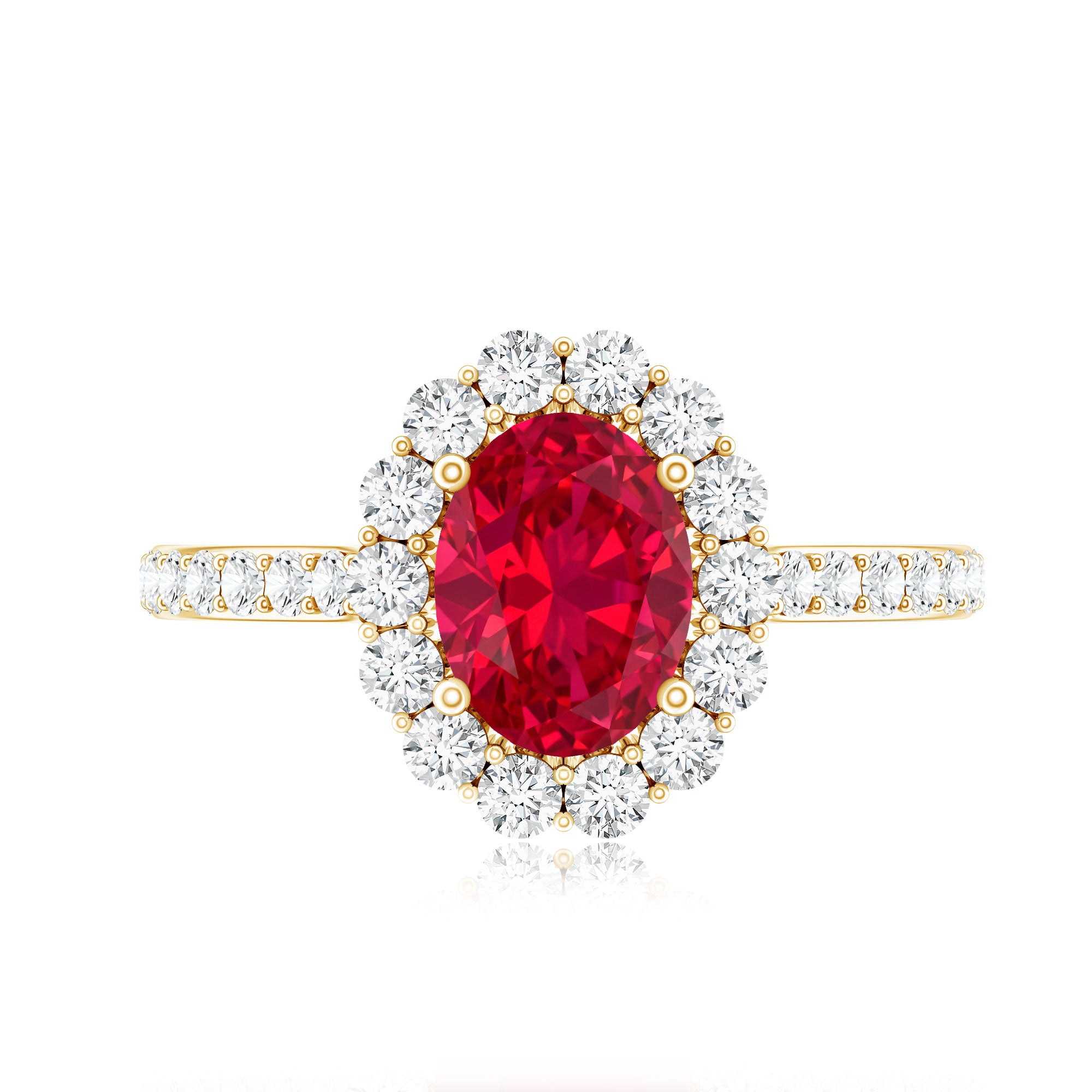 1.5 Carat Oval Cut Created Ruby Engagement Ring with Moissanite Halo AAAA - Rosec Jewels