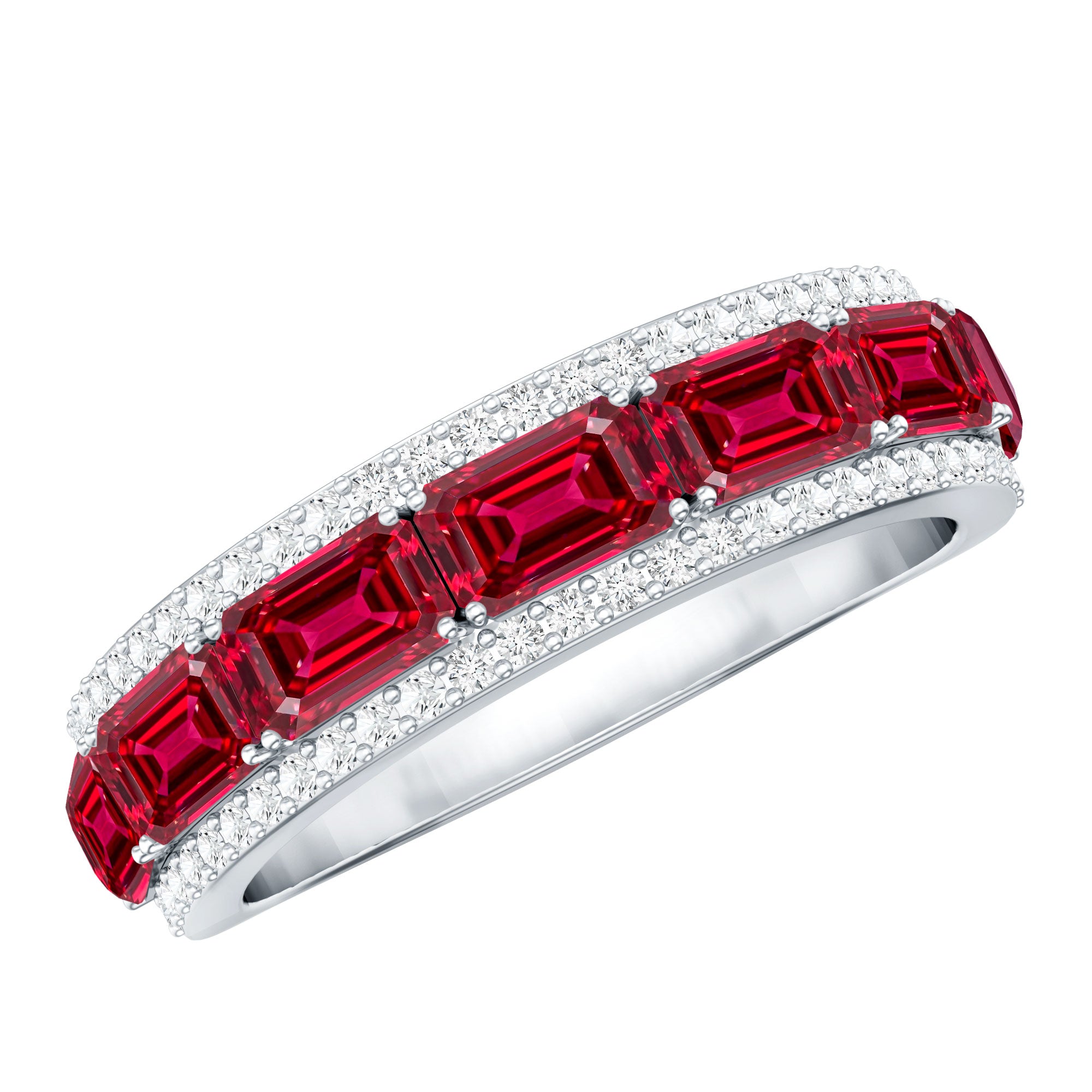 Emerald Cut Created Ruby and Diamond Half Eternity Band AAAA - Rosec Jewels
