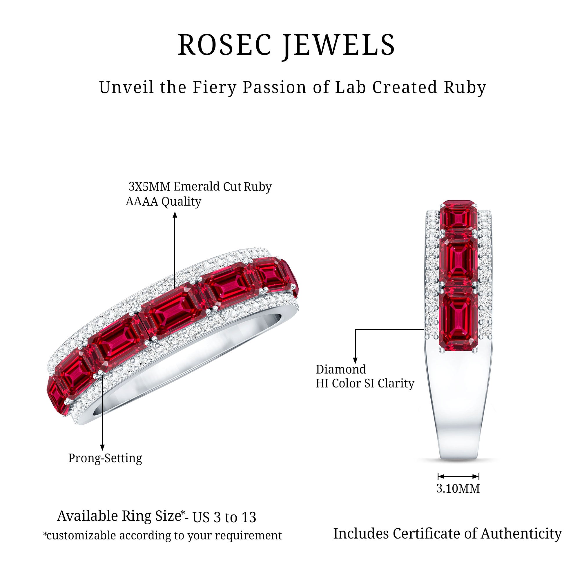 Emerald Cut Created Ruby and Diamond Half Eternity Band AAAA - Rosec Jewels