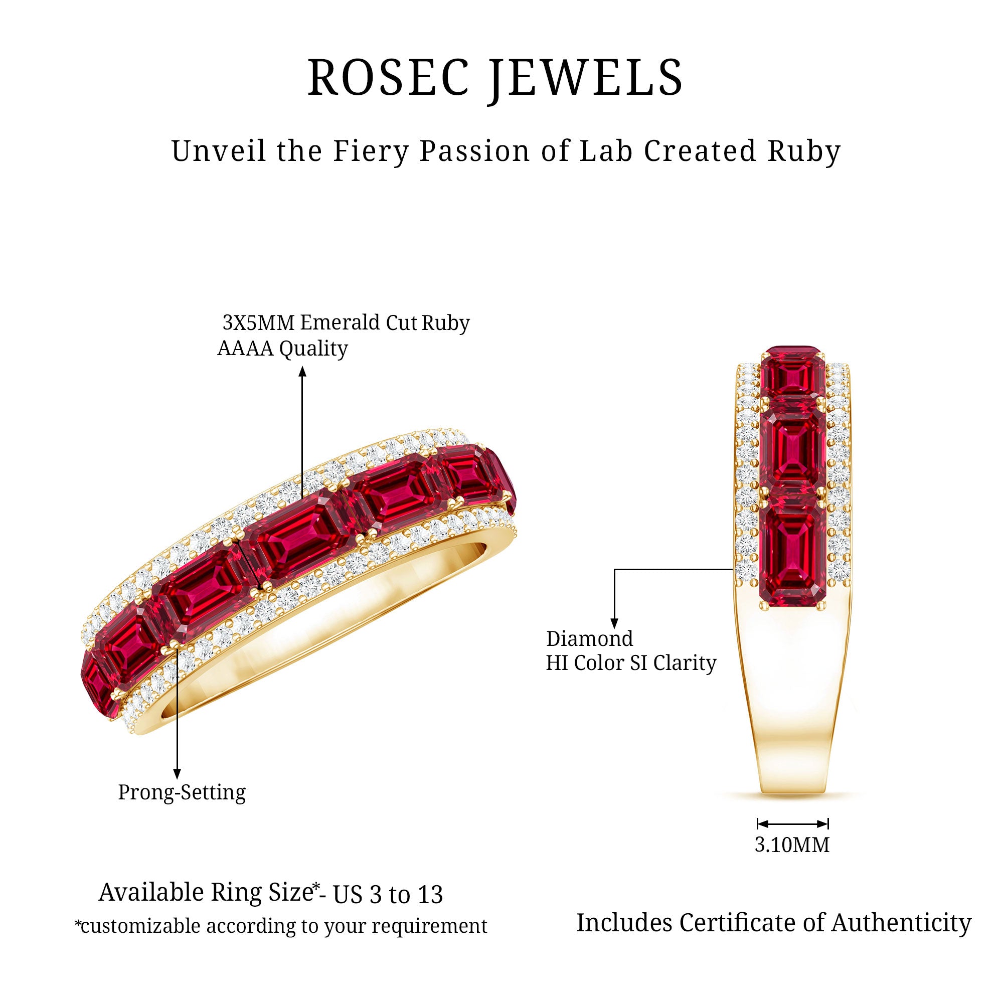 Emerald Cut Created Ruby and Diamond Half Eternity Band AAAA - Rosec Jewels