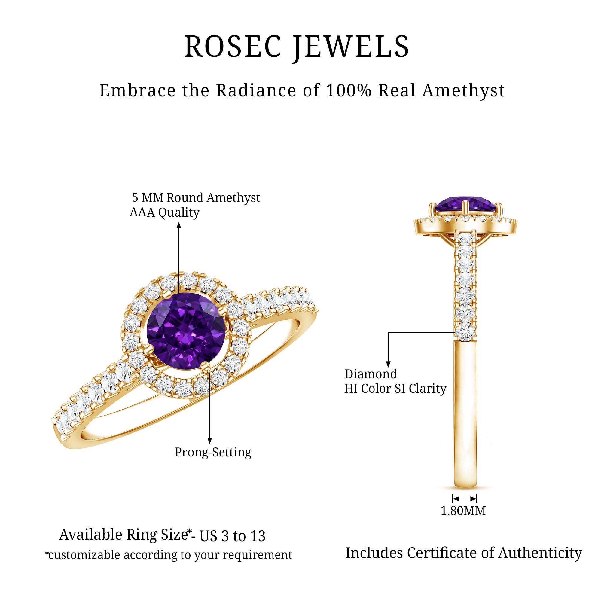 Real Amethyst Promise Ring with Diamond Halo AAA - Rosec Jewels