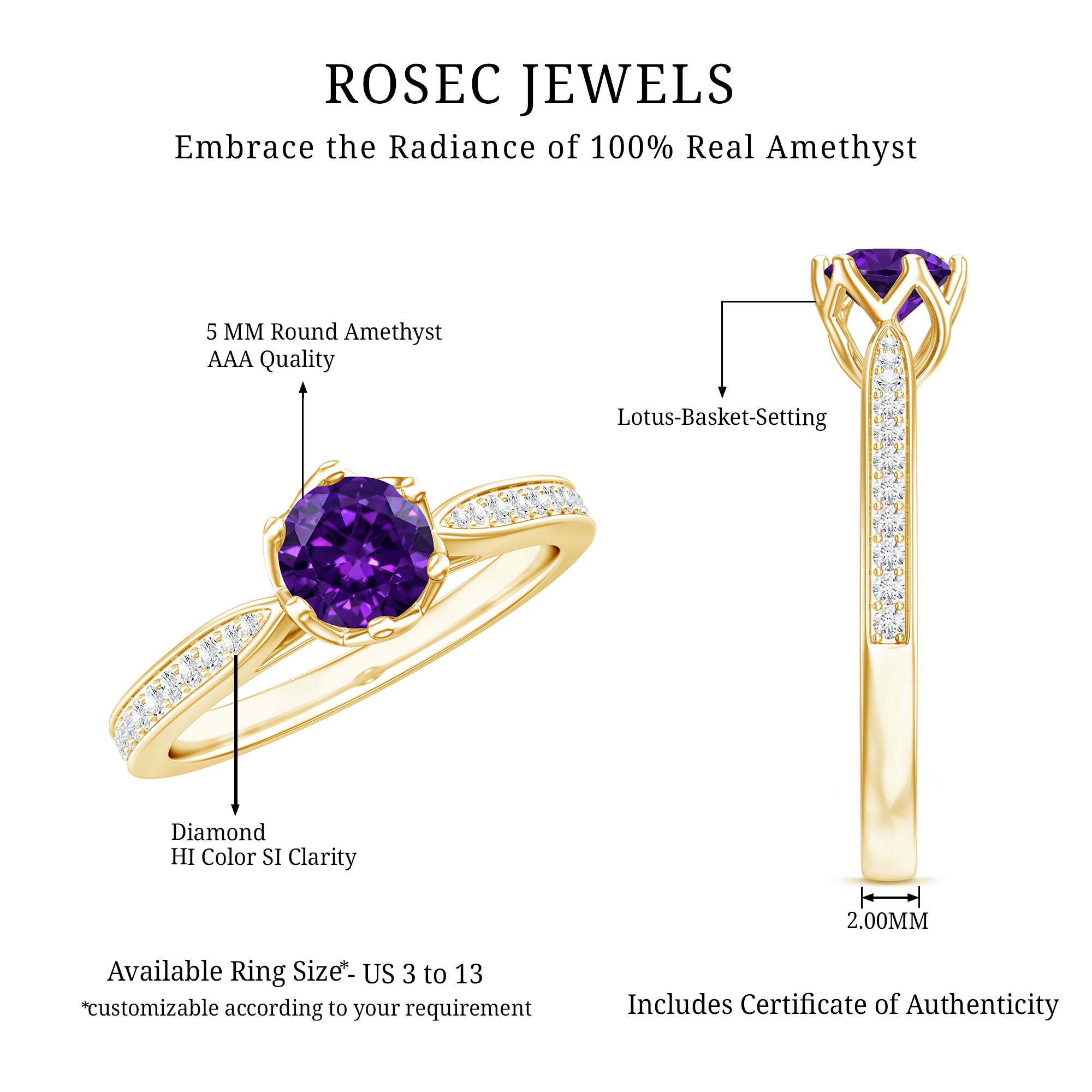 Minimal Amethyst Engagement Ring with Diamond AAA - Rosec Jewels
