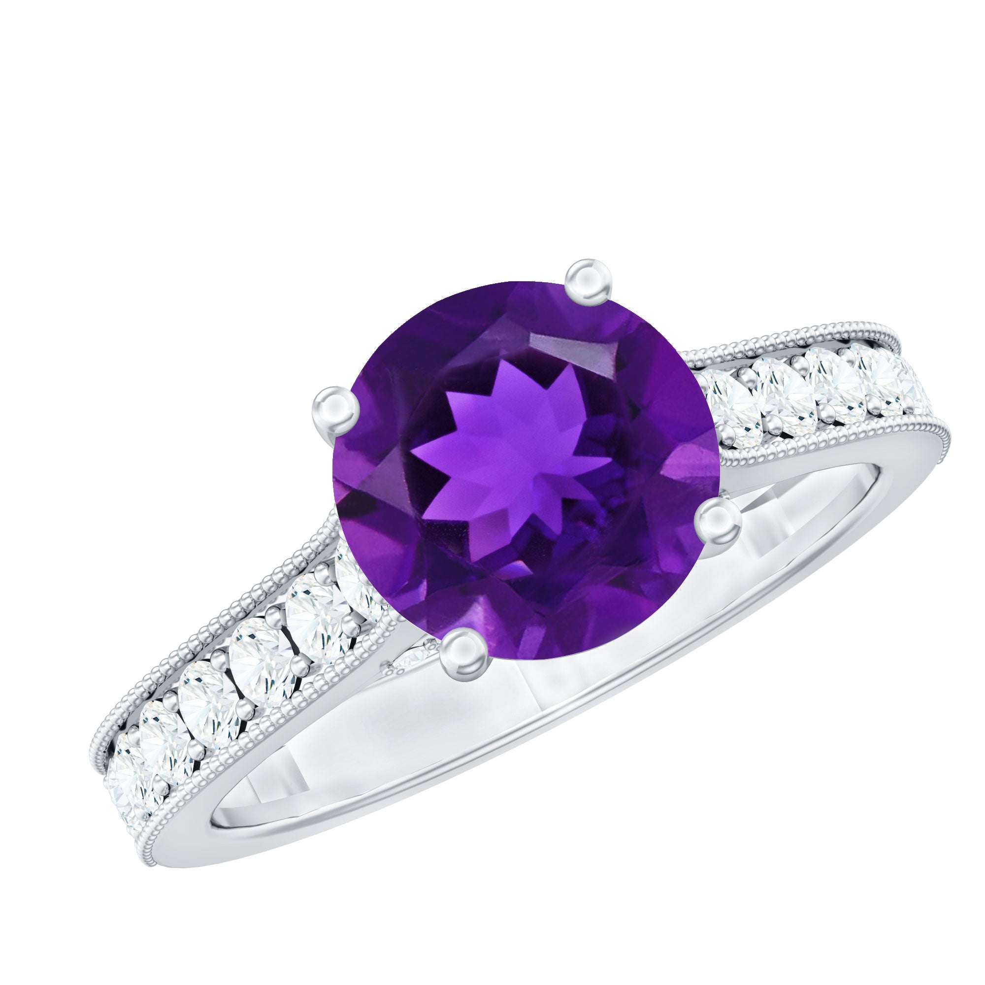 2.25 CT Round Amethyst Solitaire Engagement Ring with Moissanite Accents