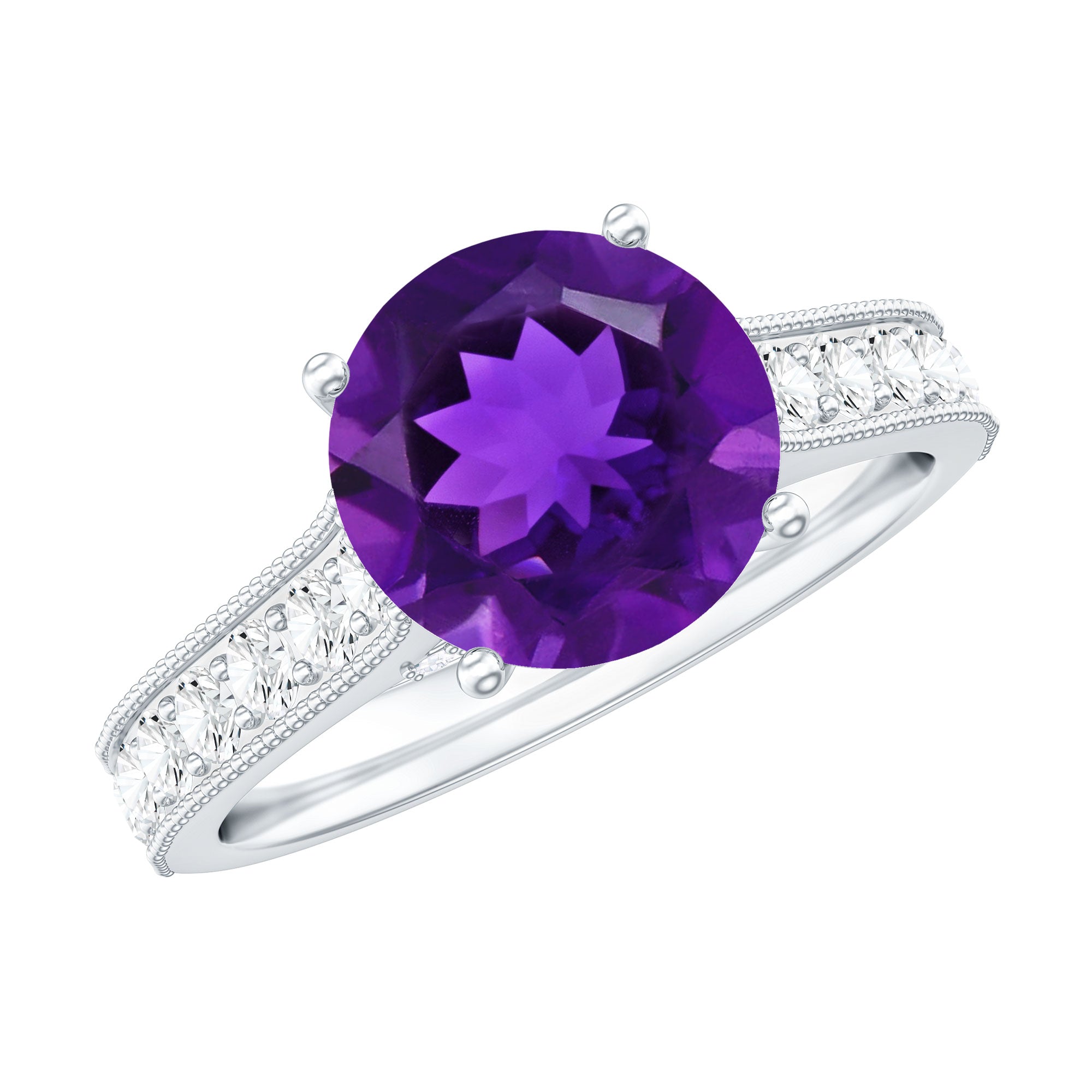 2.25 CT Round Amethyst Solitaire Engagement Ring with Moissanite Accents AAA - Rosec Jewels