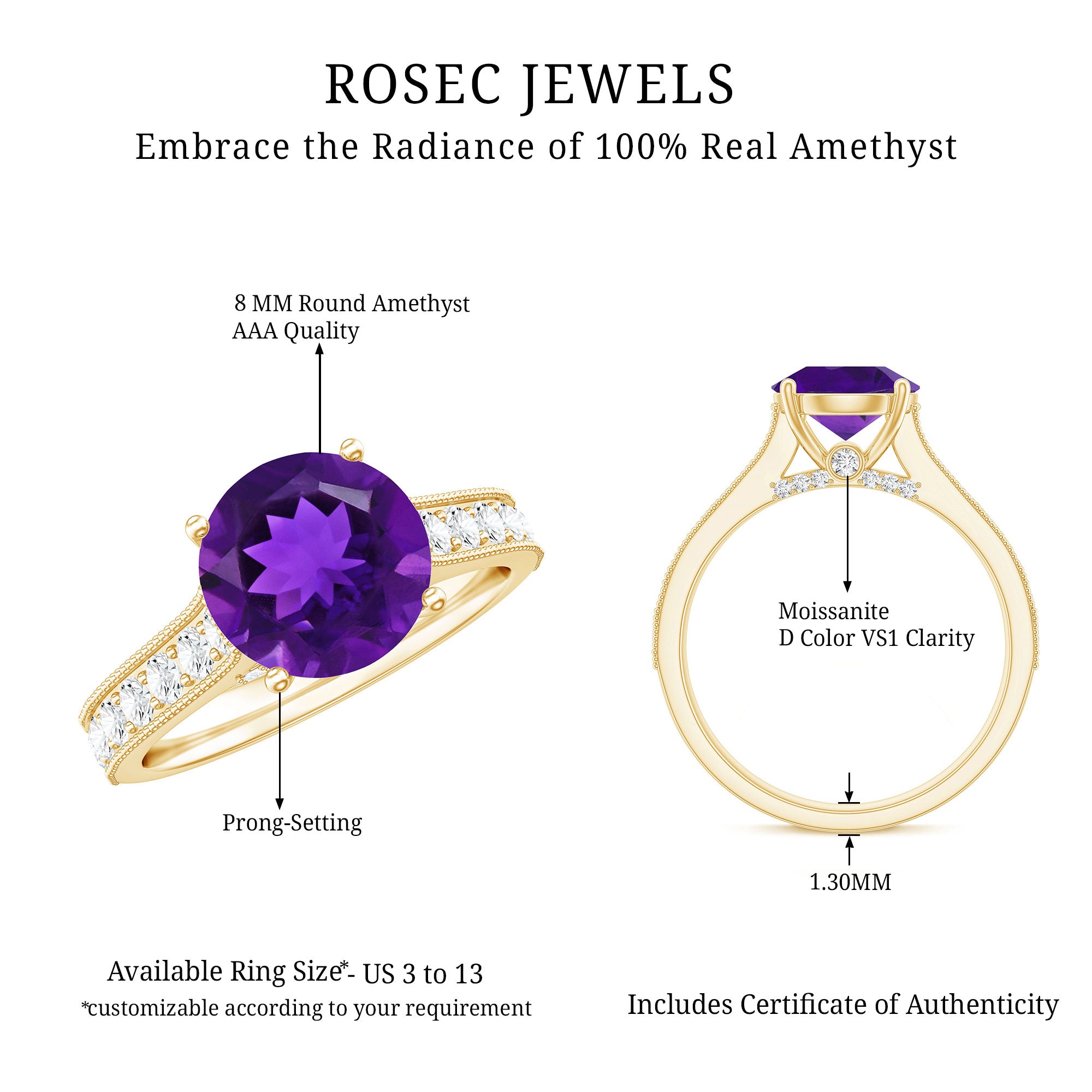 2.25 CT Round Amethyst Solitaire Engagement Ring with Moissanite Accents AAA - Rosec Jewels