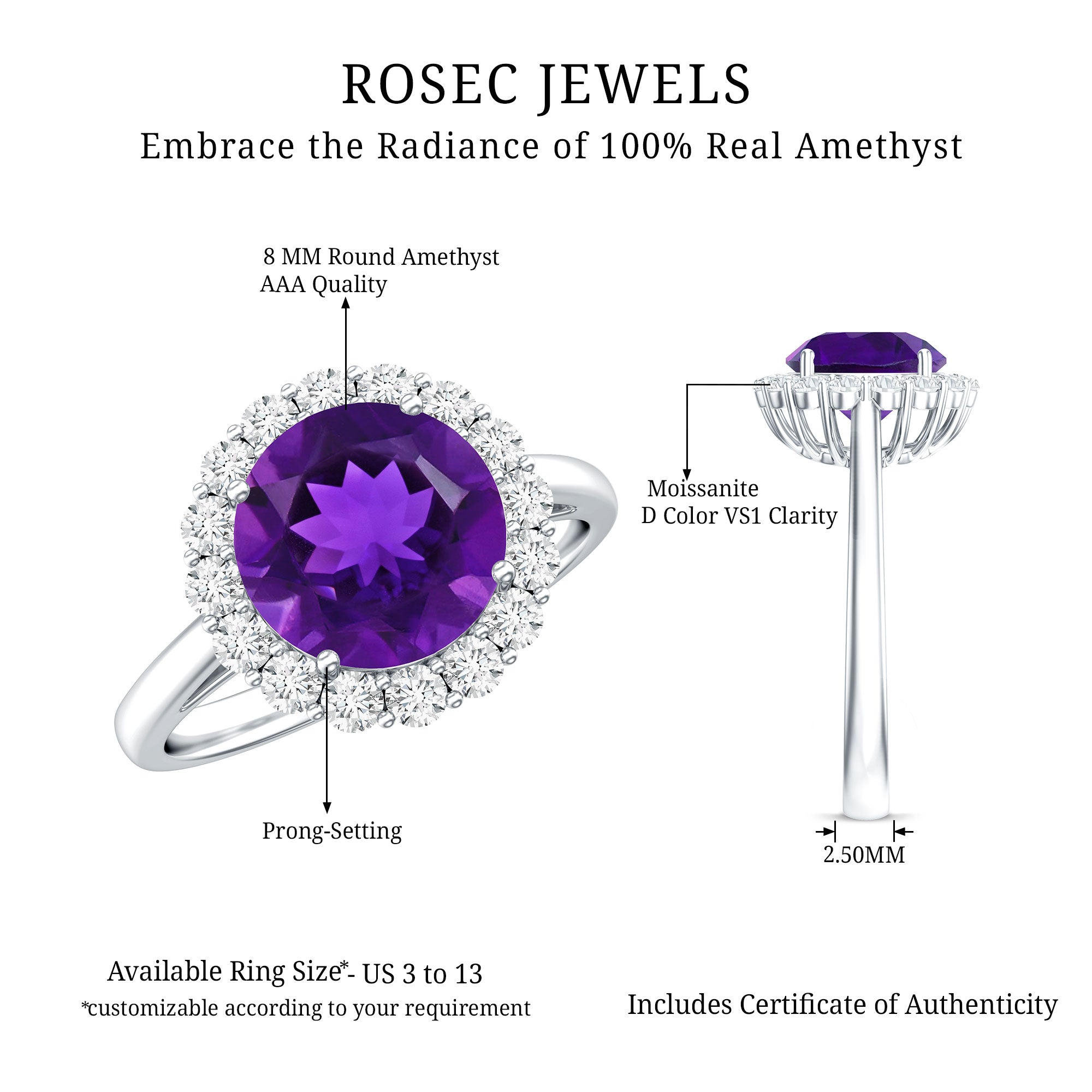 Certified Natural 2 Carat Amethyst Engagement Ring with Moissanite Halo AAA - Rosec Jewels