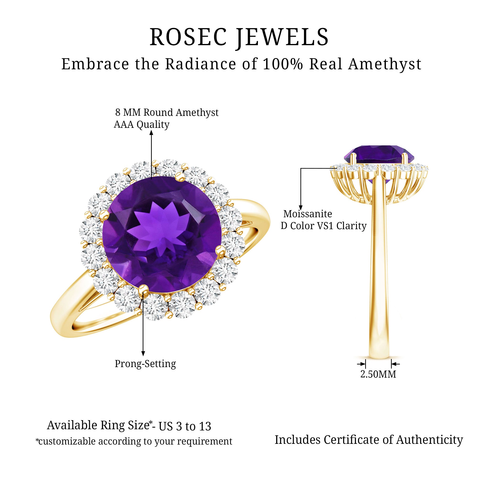 Certified Natural 2 Carat Amethyst Engagement Ring with Moissanite Halo AAA - Rosec Jewels