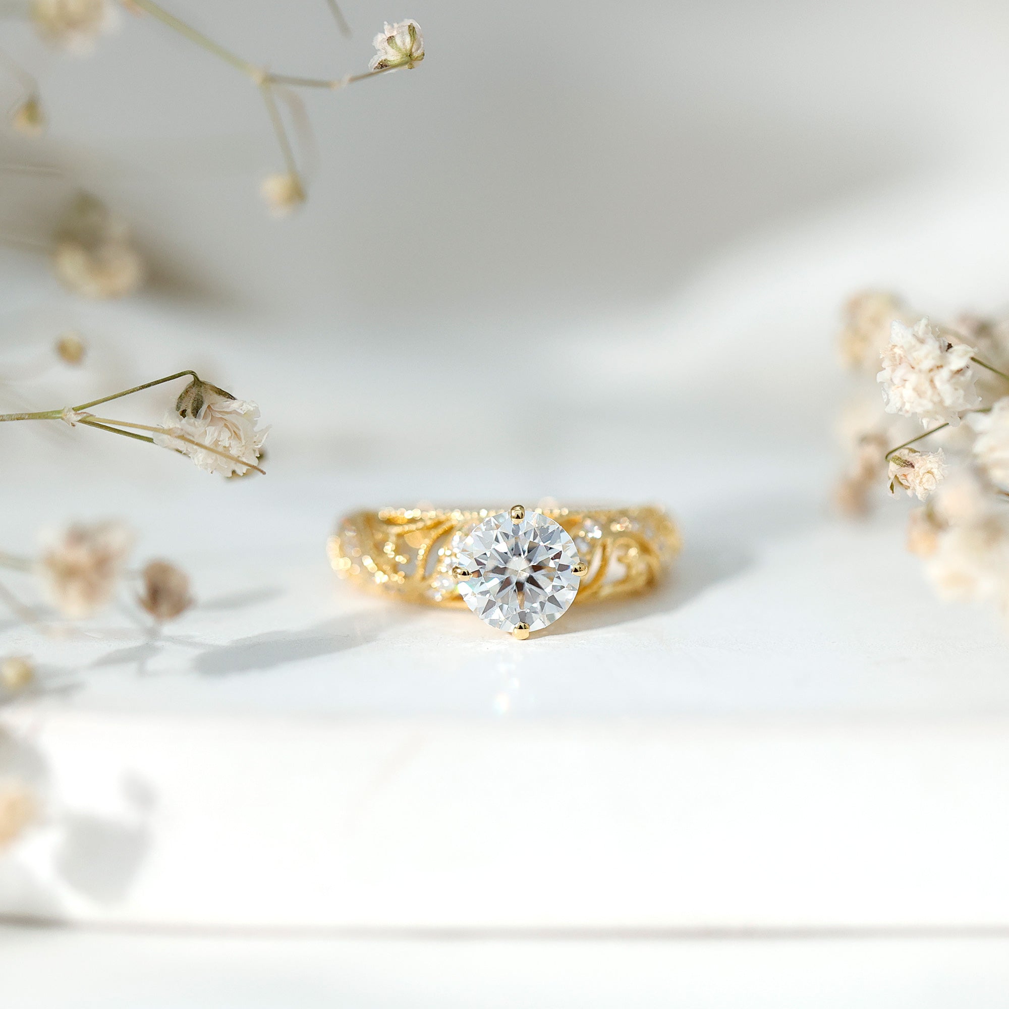 Rosec Jewels-Round Cut Moissanite Vintage Engagement Ring With Diagonal Prongs