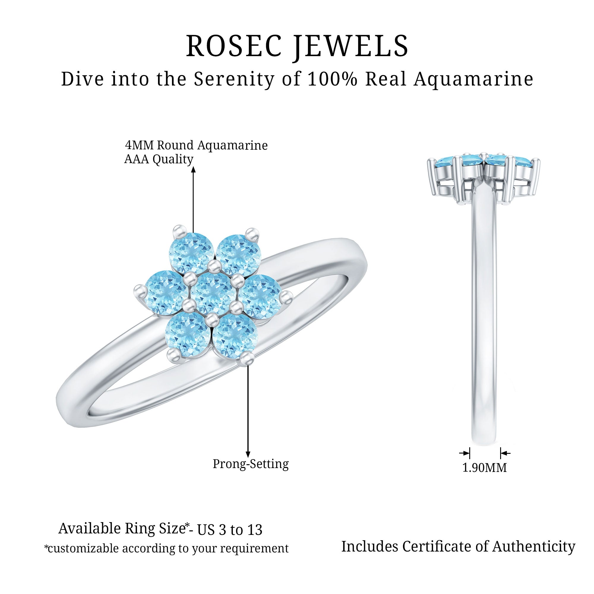 Real Aquamarine Flower Cluster Ring for Women AAA - Rosec Jewels