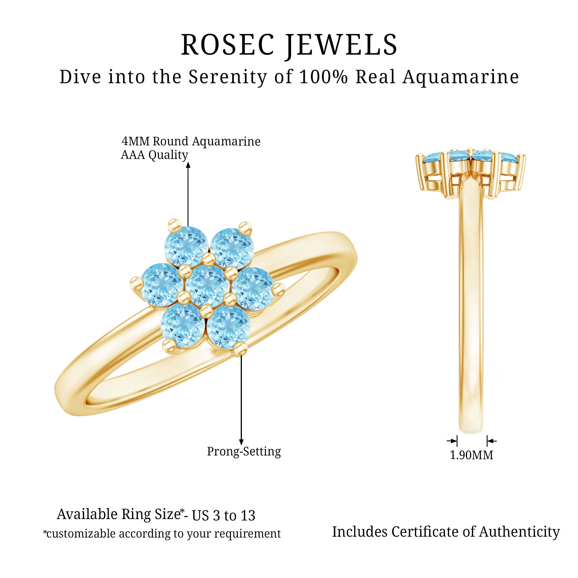 Real Aquamarine Flower Cluster Ring for Women AAA - Rosec Jewels