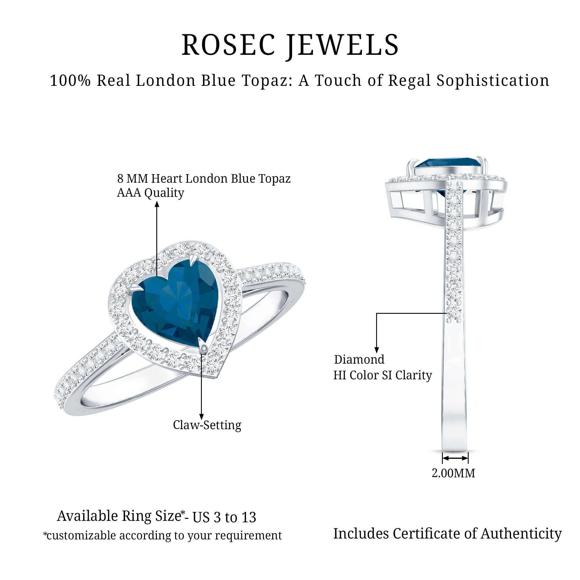 Heart Shaped London Blue Topaz Engagement Ring with Diamond Halo AAA - Rosec Jewels